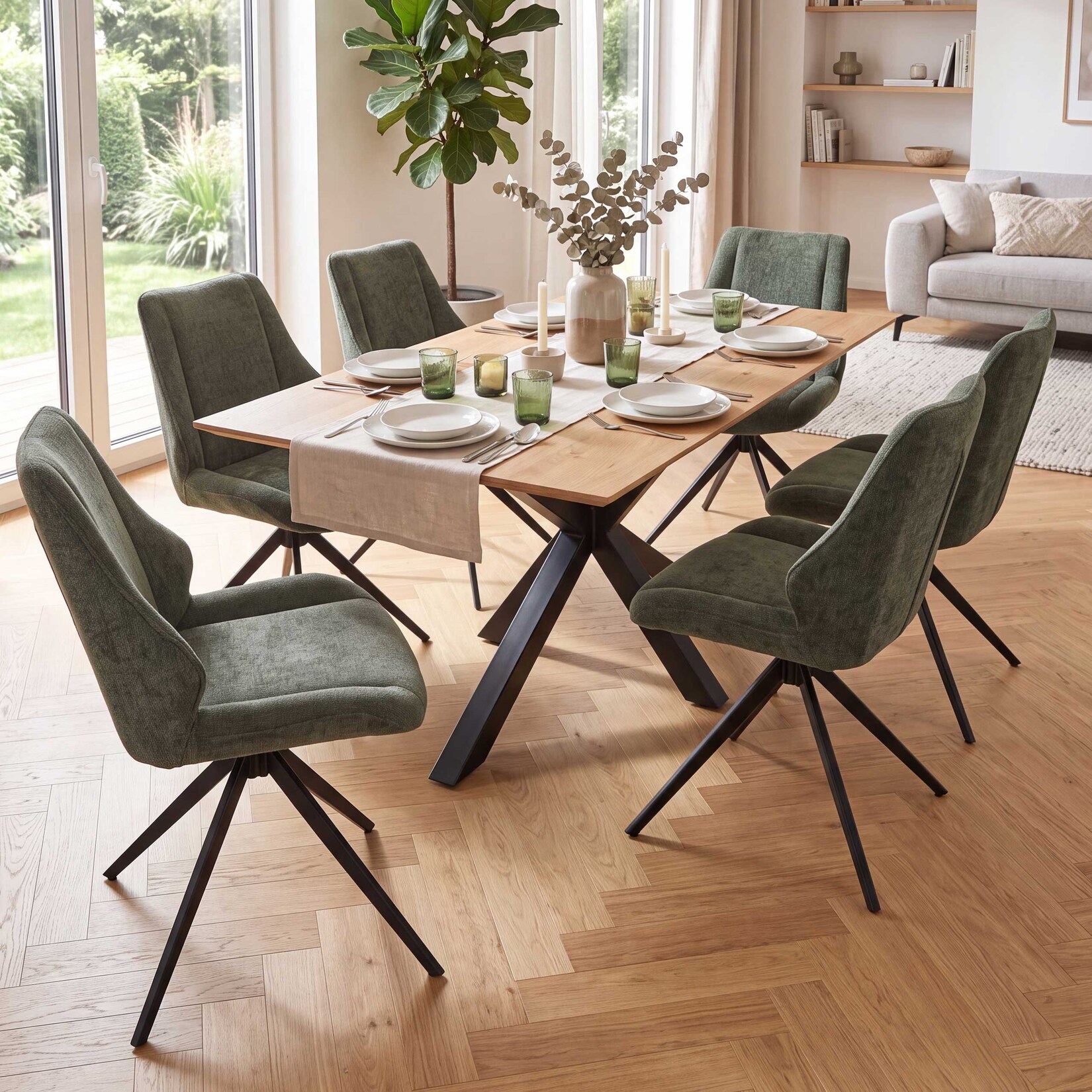 6er-Set Esszimmerstuhl MCW-O48, Küchenstuhl, drehbar Auto-Return, Stoff/Textil Chenille (320g/m²) Öko-Tex ~ grün