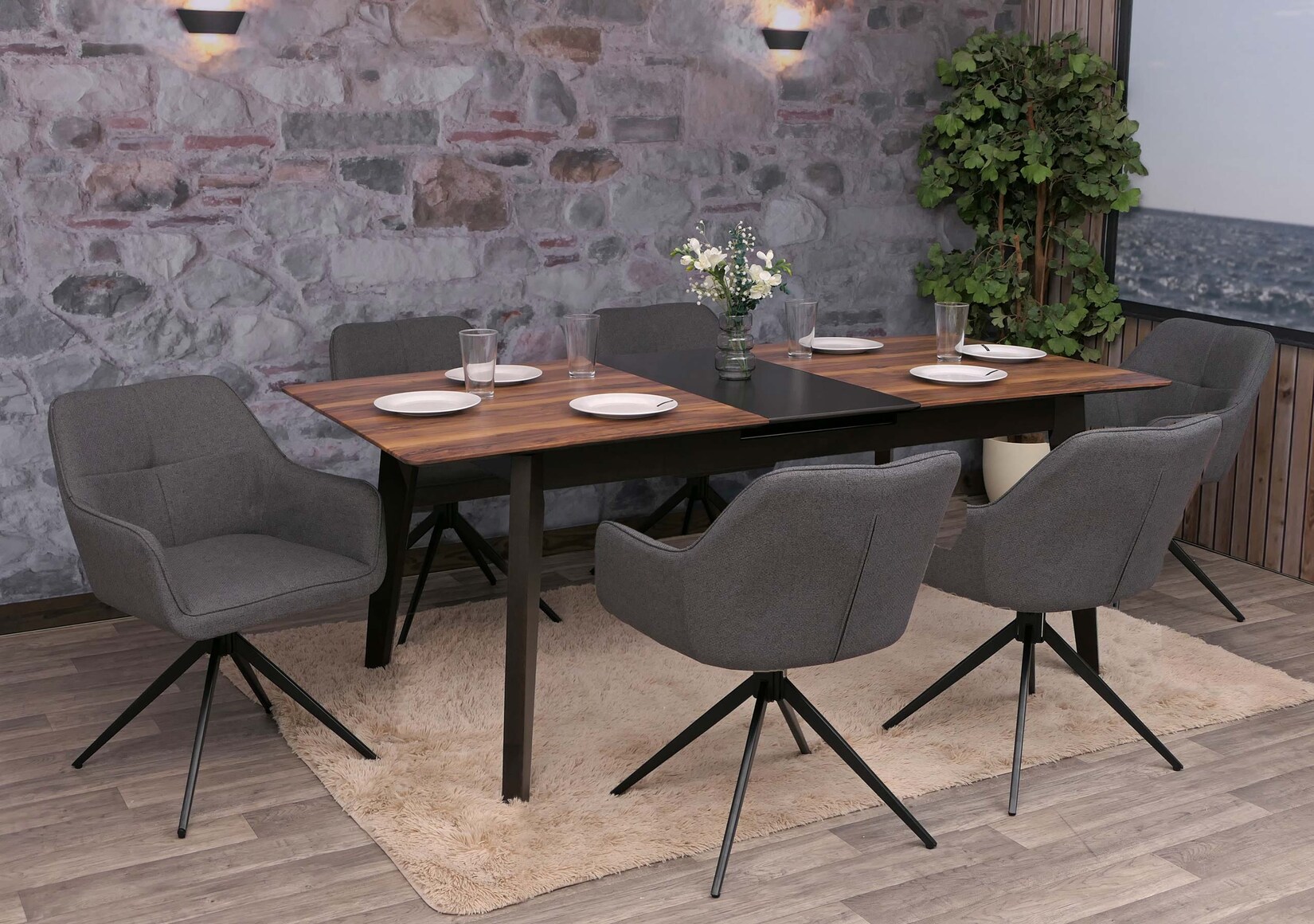 6er-Set Esszimmerstuhl MCW-O47, Küchenstuhl Armlehne, drehbar Auto-Return, Stoff/Textil (270g/m²) ~ grau