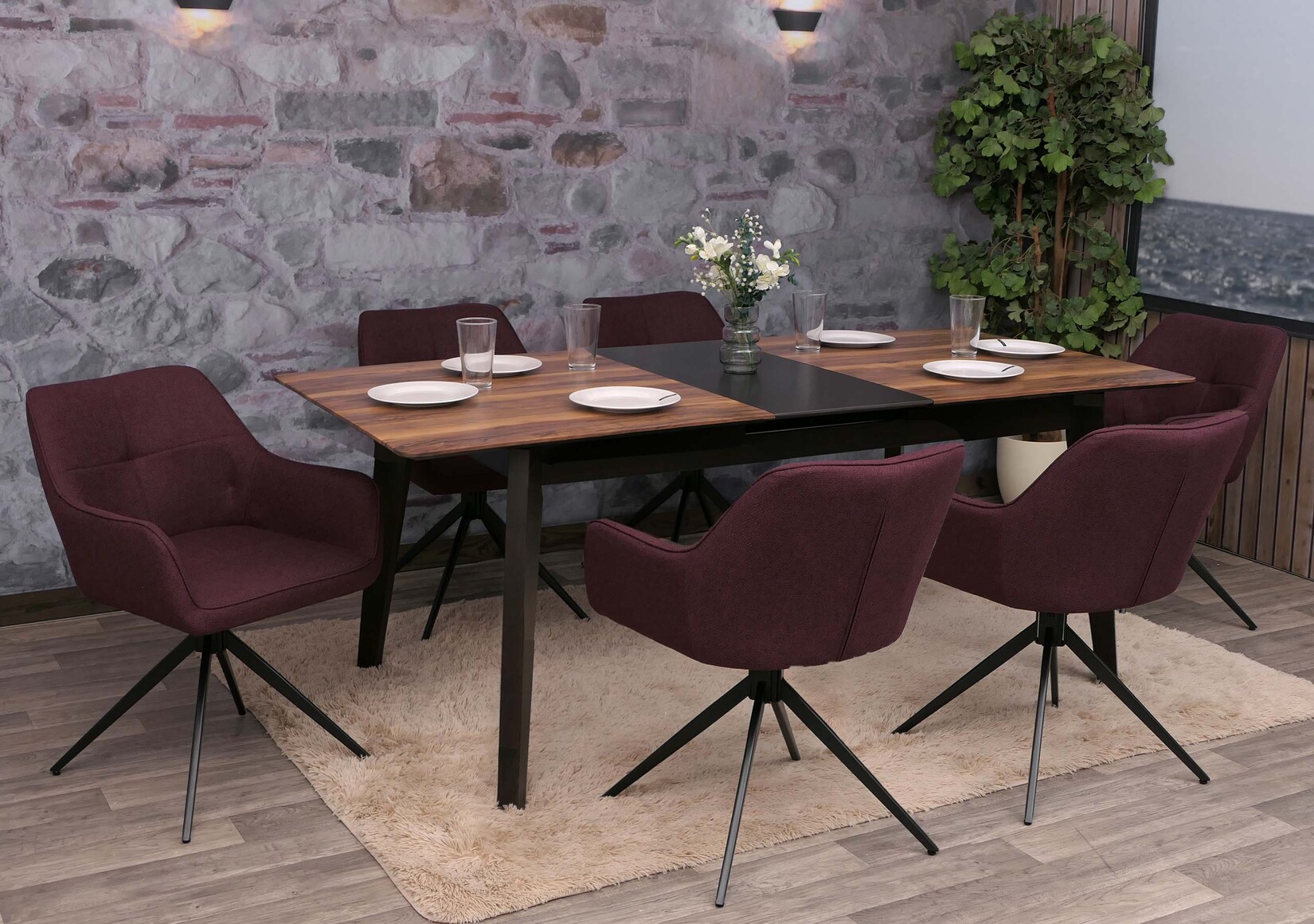 6er-Set Esszimmerstuhl MCW-O47, Küchenstuhl Armlehne, drehbar Auto-Return, Stoff/Textil (270g/m²) ~ bordeaux