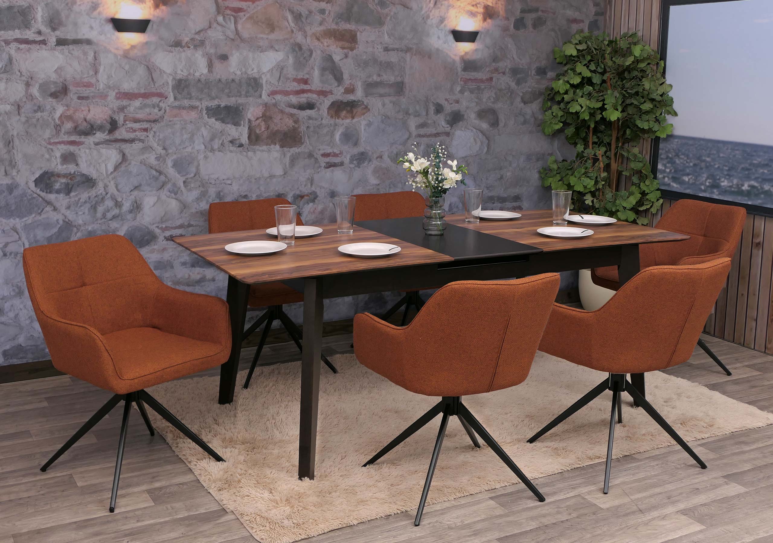 6er-Set Esszimmerstuhl MCW-O47, K&uuml;chenstuhl Armlehne, drehbar Auto-Return, Stoff/Textil (270g/m&sup2;) ~ terrakotta - Bild 1