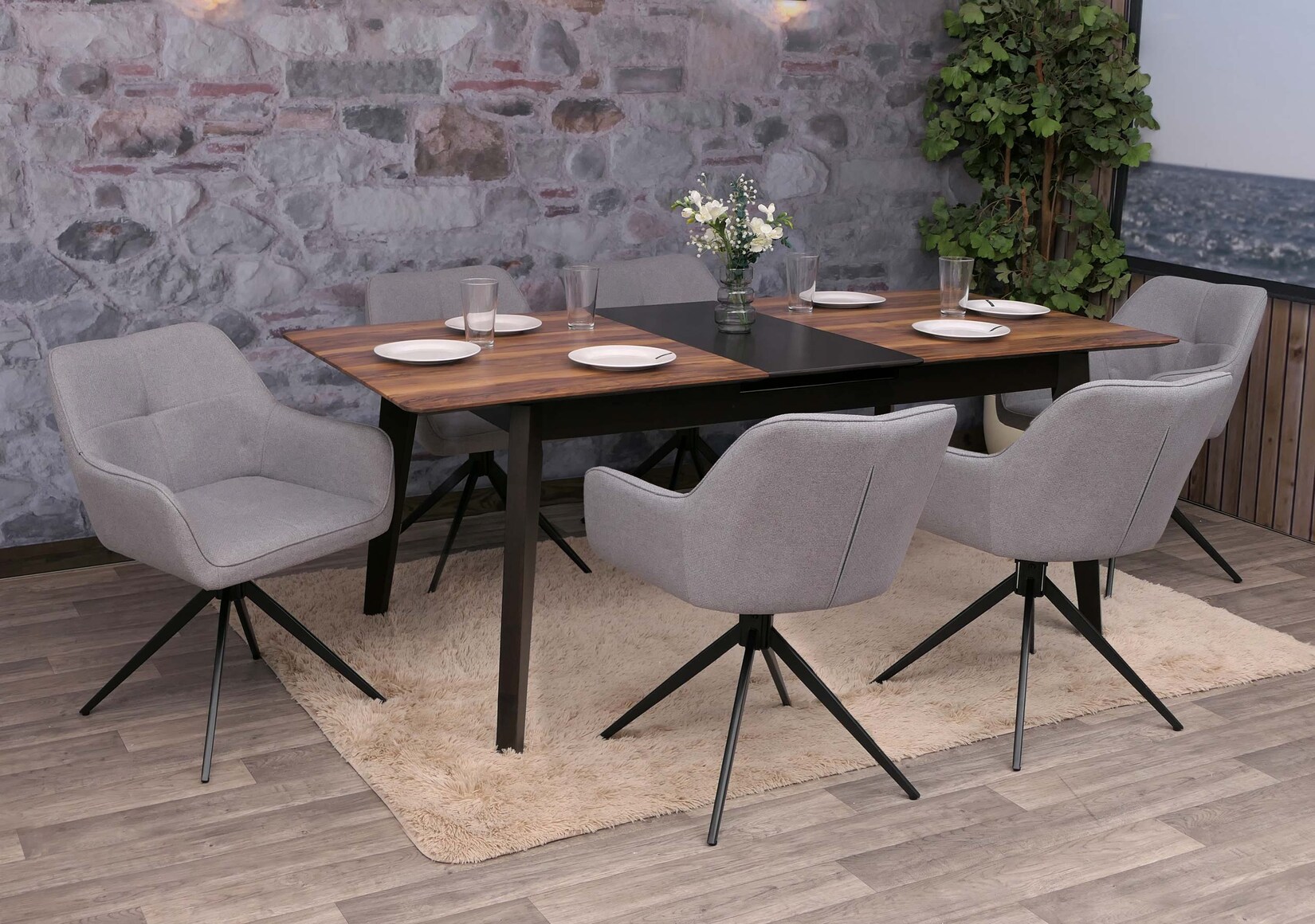 6er-Set Esszimmerstuhl MCW-O47, Küchenstuhl Armlehne, drehbar Auto-Return, Stoff/Textil (270g/m²) ~ hellgrau