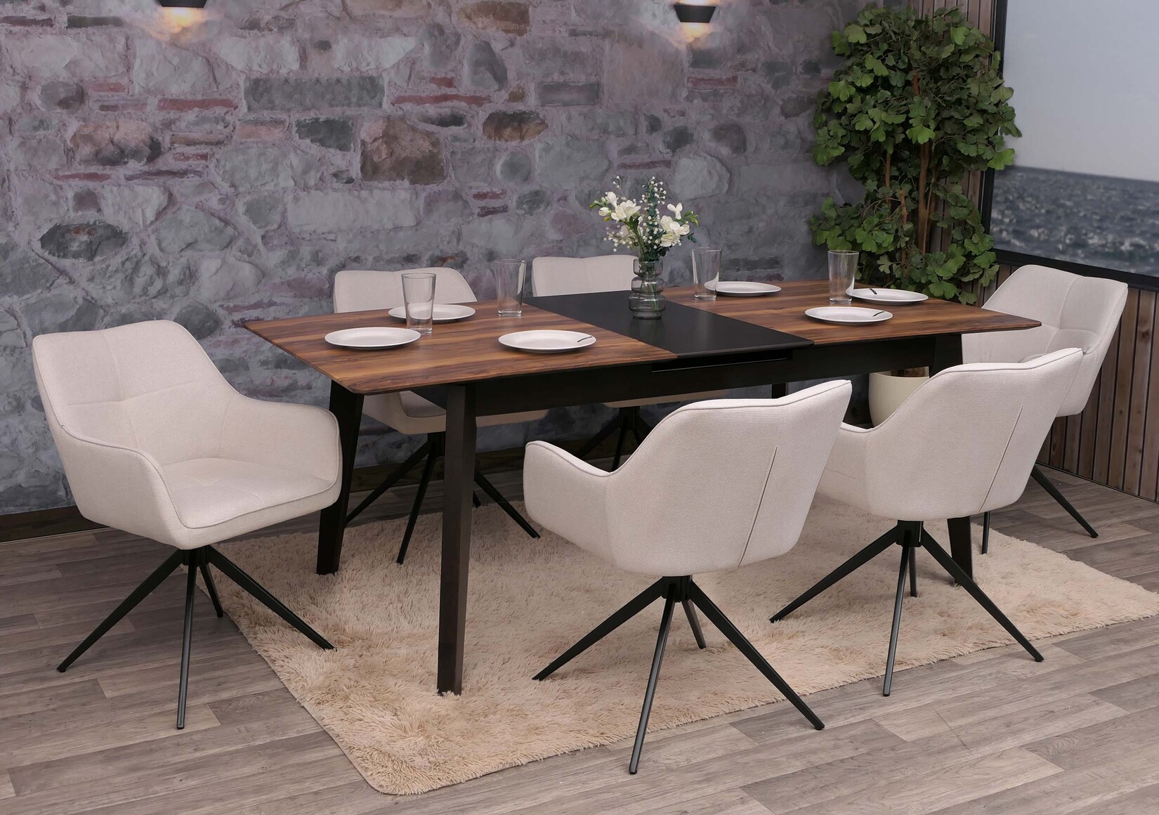 6er-Set Esszimmerstuhl MCW-O47, Küchenstuhl Armlehne, drehbar Auto-Return, Stoff/Textil (270g/m²) ~ cremeweiß
