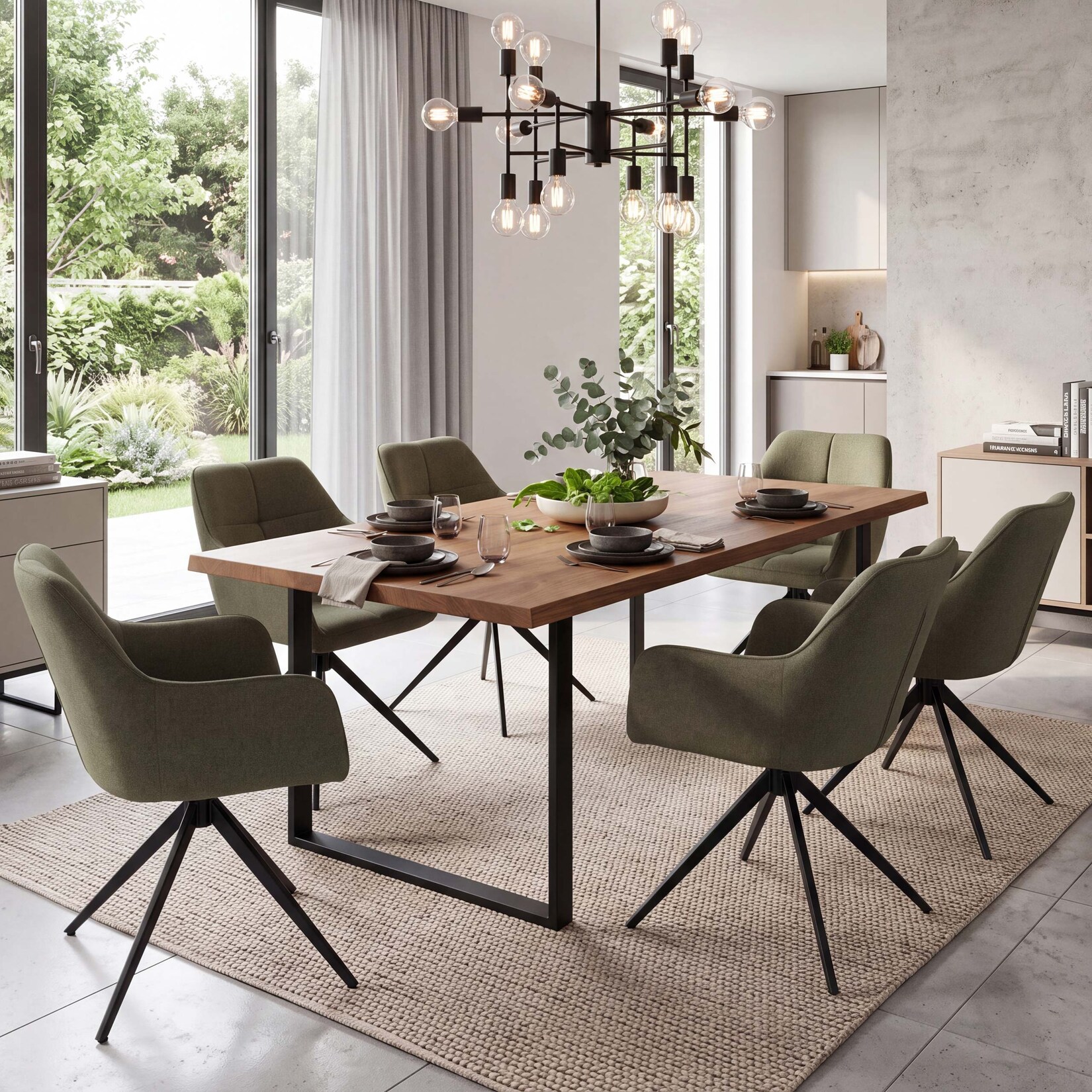6er-Set Esszimmerstuhl MCW-O47, Küchenstuhl Armlehne, drehbar Auto-Return, Stoff/Textil (270g/m²) ~ grün