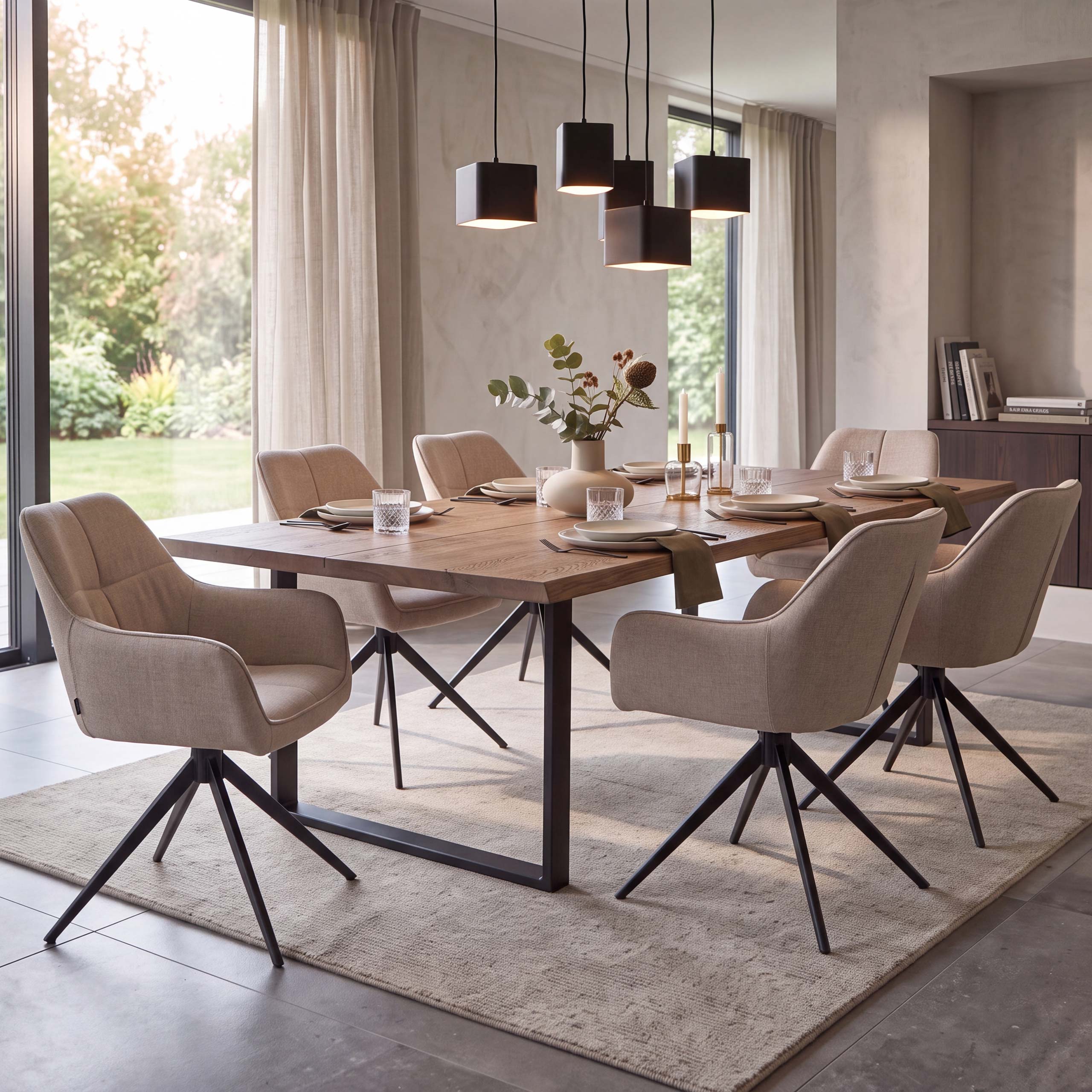 6er-Set Esszimmerstuhl MCW-O47, K&uuml;chenstuhl Armlehne, drehbar Auto-Return, Stoff/Textil (270g/m&sup2;) ~ beige - Bild 1