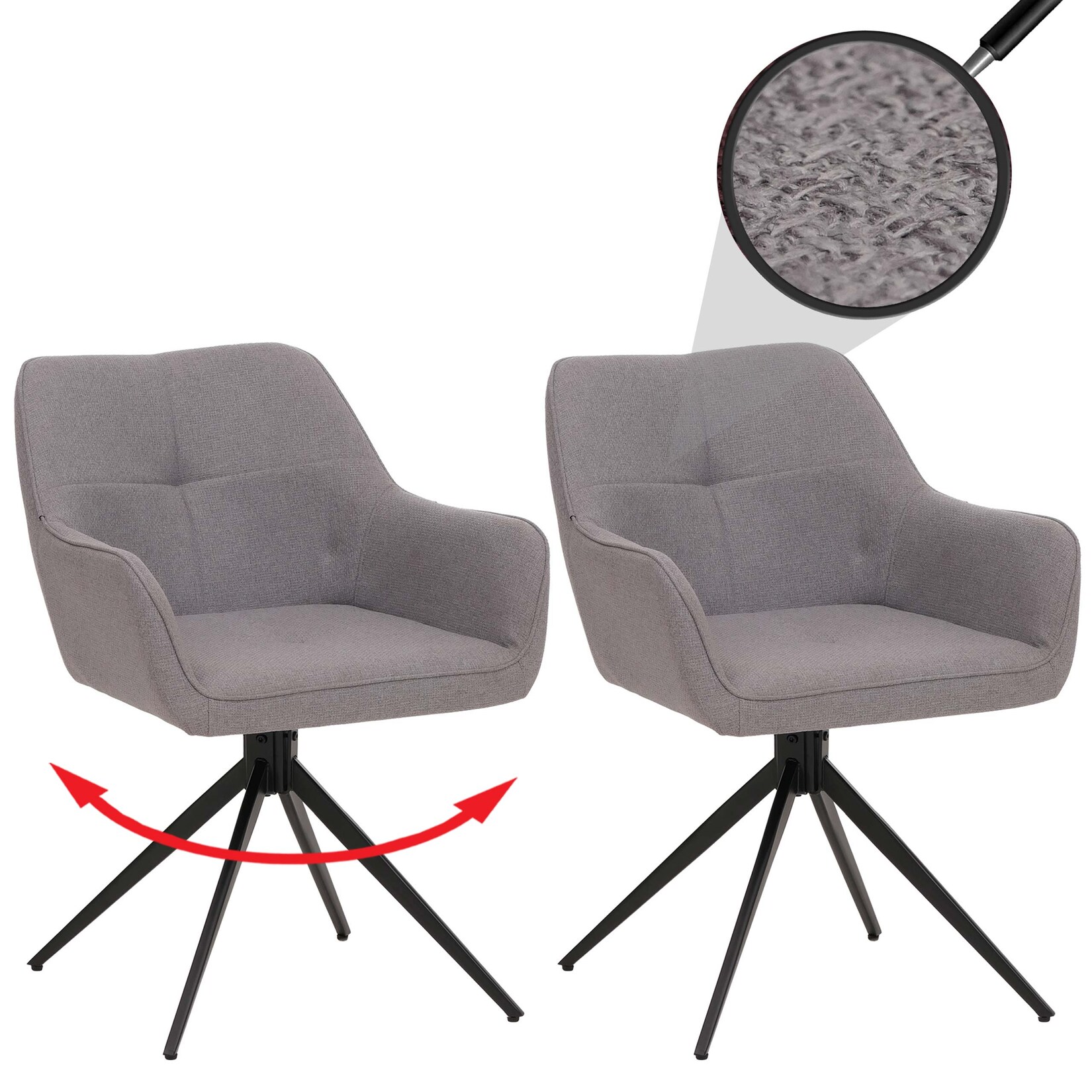 2er-Set Esszimmerstuhl MCW-O47, Küchenstuhl Armlehne, drehbar Auto-Return, Stoff/Textil (270g/m²) ~ hellgrau