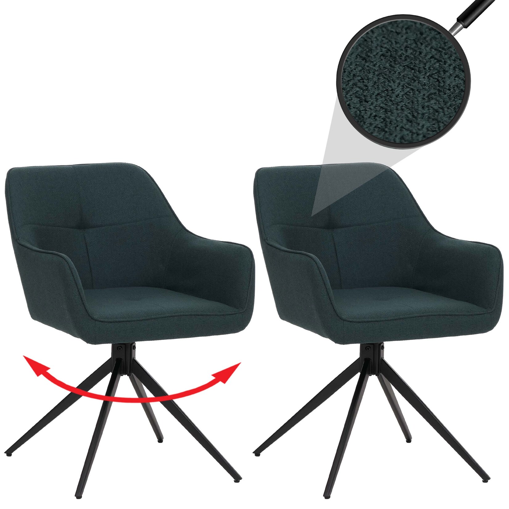 2er-Set Esszimmerstuhl MCW-O47, Küchenstuhl Armlehne, drehbar Auto-Return, Stoff/Textil (270g/m²) ~ petrol-grün