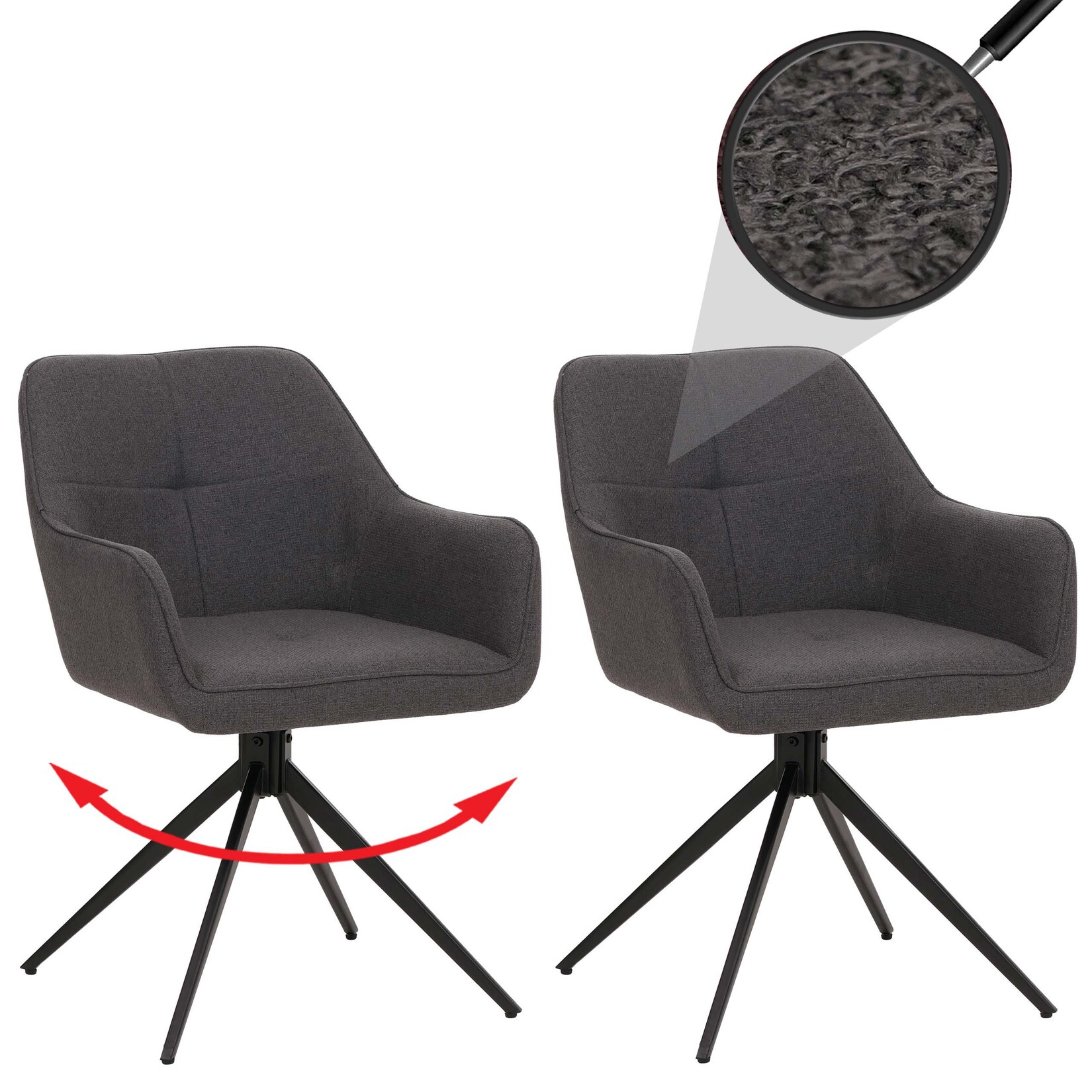 2er-Set Esszimmerstuhl MCW-O47, Küchenstuhl Armlehne, drehbar Auto-Return, Stoff/Textil (270g/m²) ~ grau
