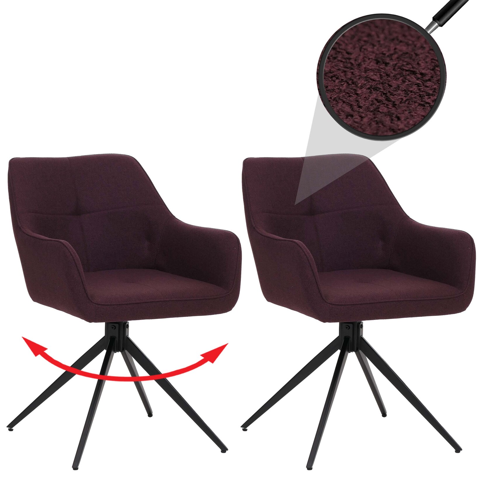 2er-Set Esszimmerstuhl MCW-O47, Küchenstuhl Armlehne, drehbar Auto-Return, Stoff/Textil (270g/m²) ~ bordeaux