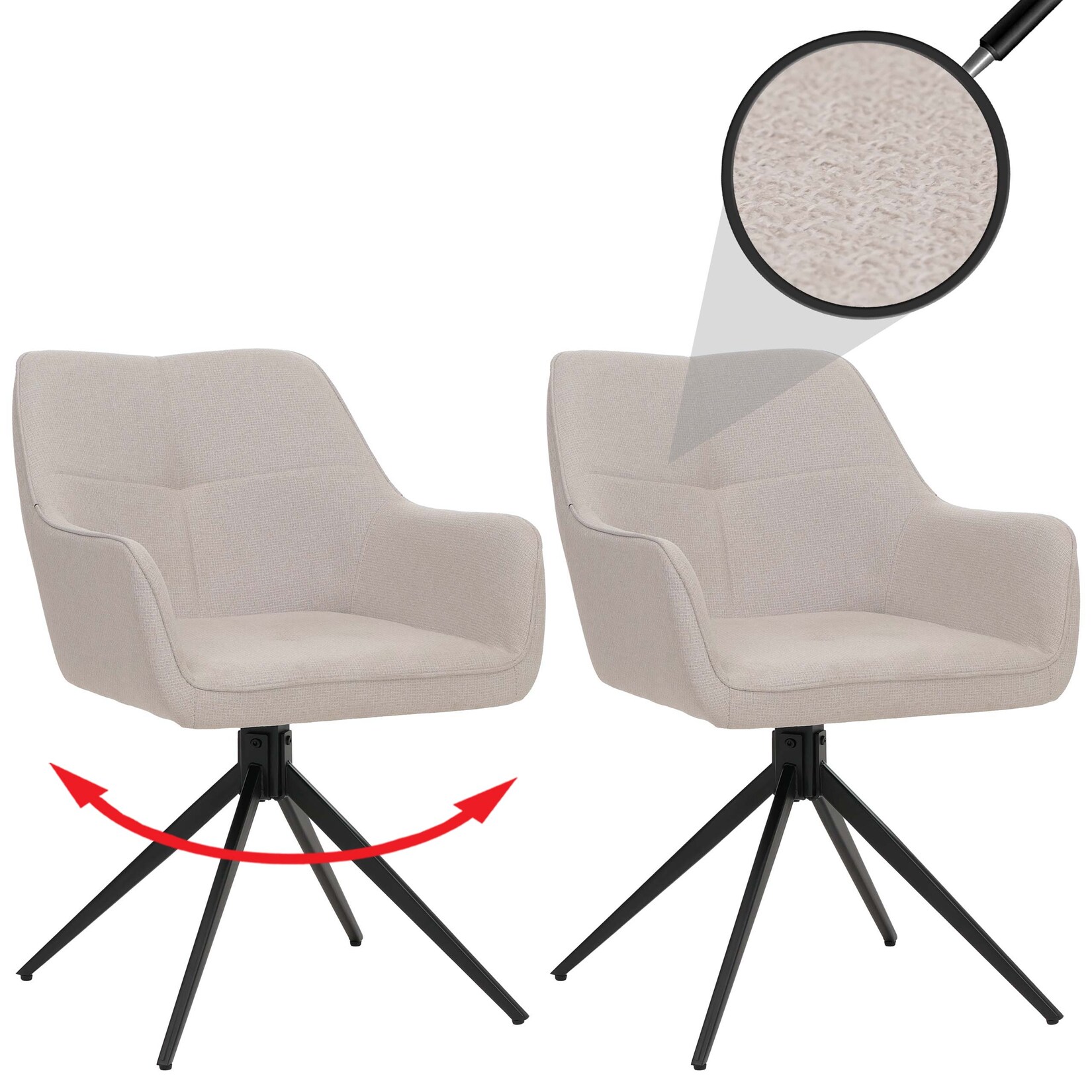2er-Set Esszimmerstuhl MCW-O47, Küchenstuhl Armlehne, drehbar Auto-Return, Stoff/Textil (270g/m²) ~ cremeweiß