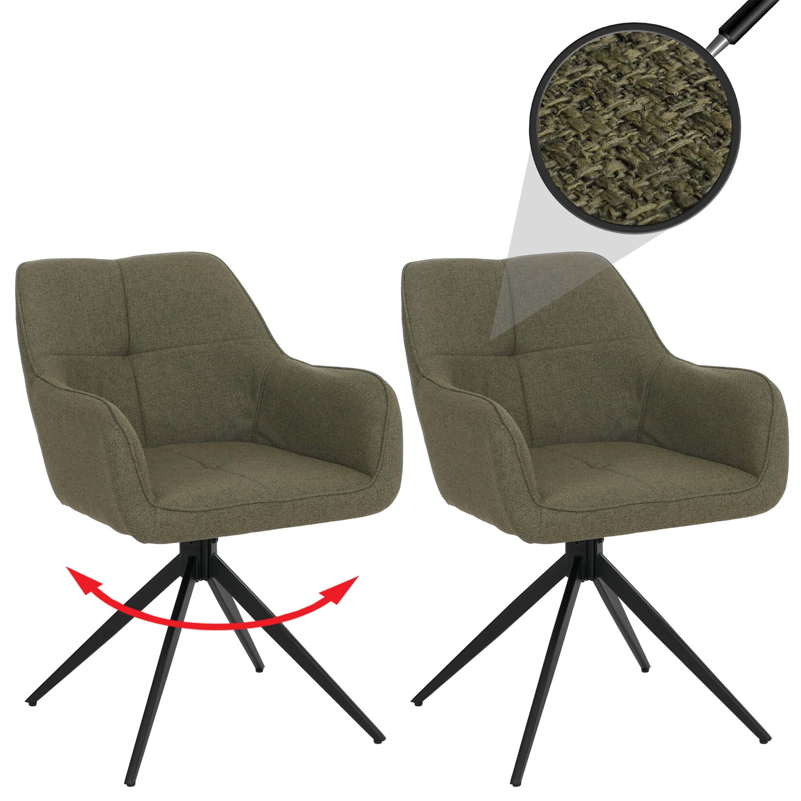 2er-Set Esszimmerstuhl MCW-O47, Küchenstuhl Armlehne, drehbar Auto-Return, Stoff/Textil (270g/m²) ~ grün
