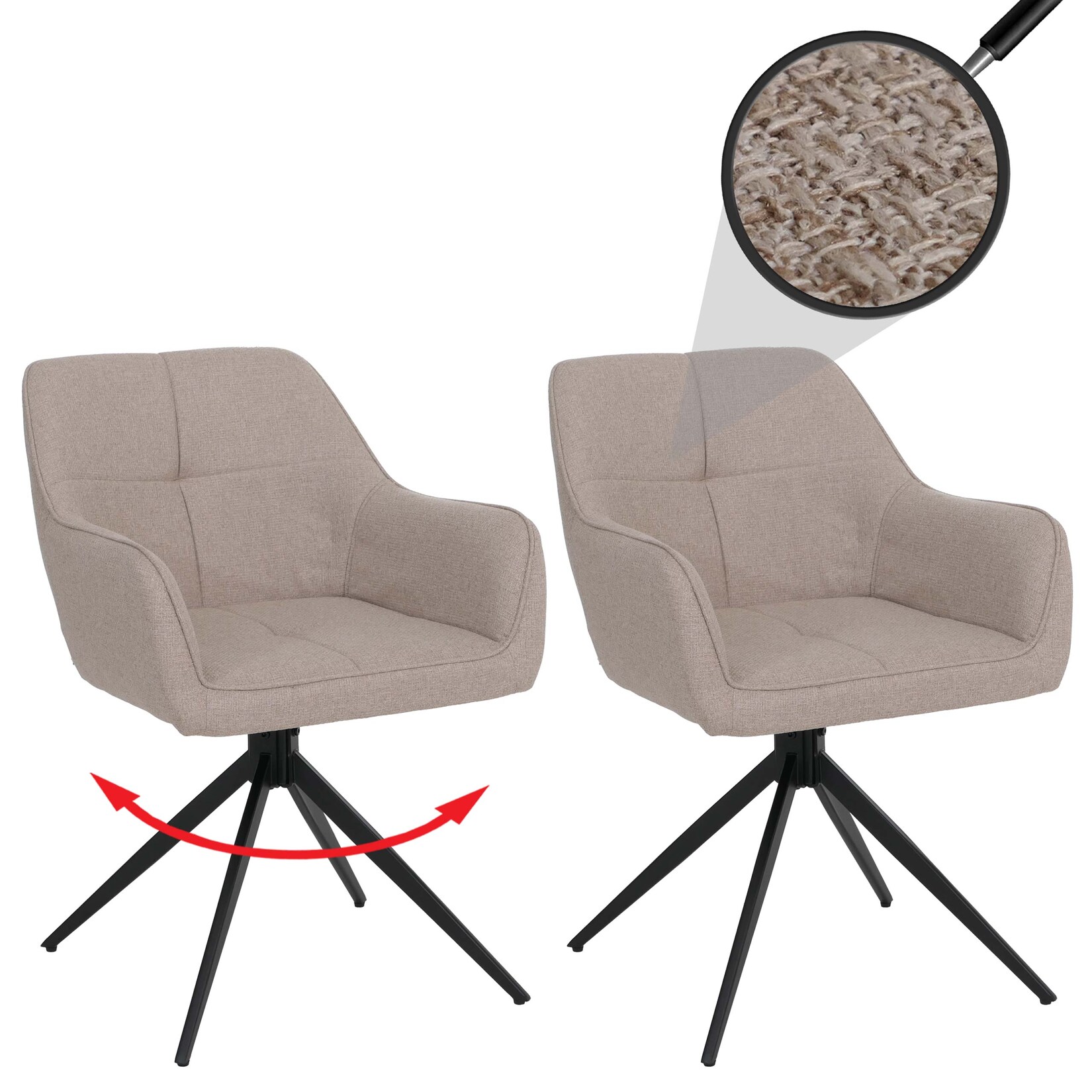 2er-Set Esszimmerstuhl MCW-O47, Küchenstuhl Armlehne, drehbar Auto-Return, Stoff/Textil (270g/m²) ~ beige