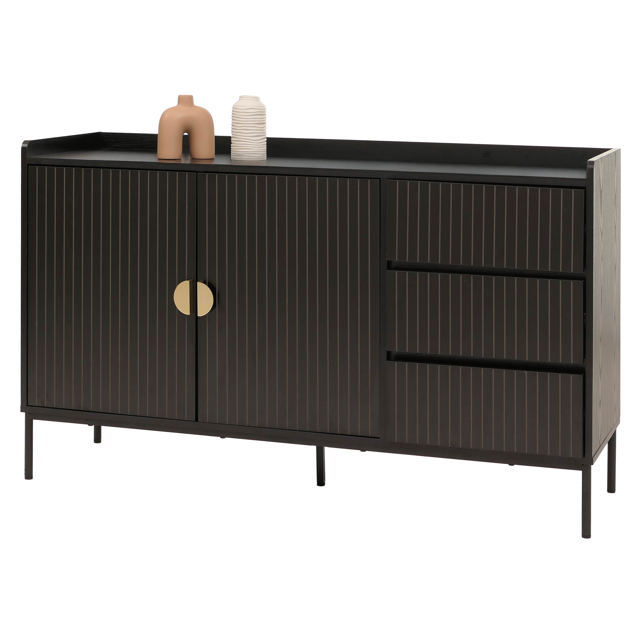 Sideboard MCW-O39, Kommode Schrank Anrichte, 3 Schubladen 2 T&uuml;ren, Holz Melamin 80x130x42cm ~ Holzoptik schwarz - Bild 1