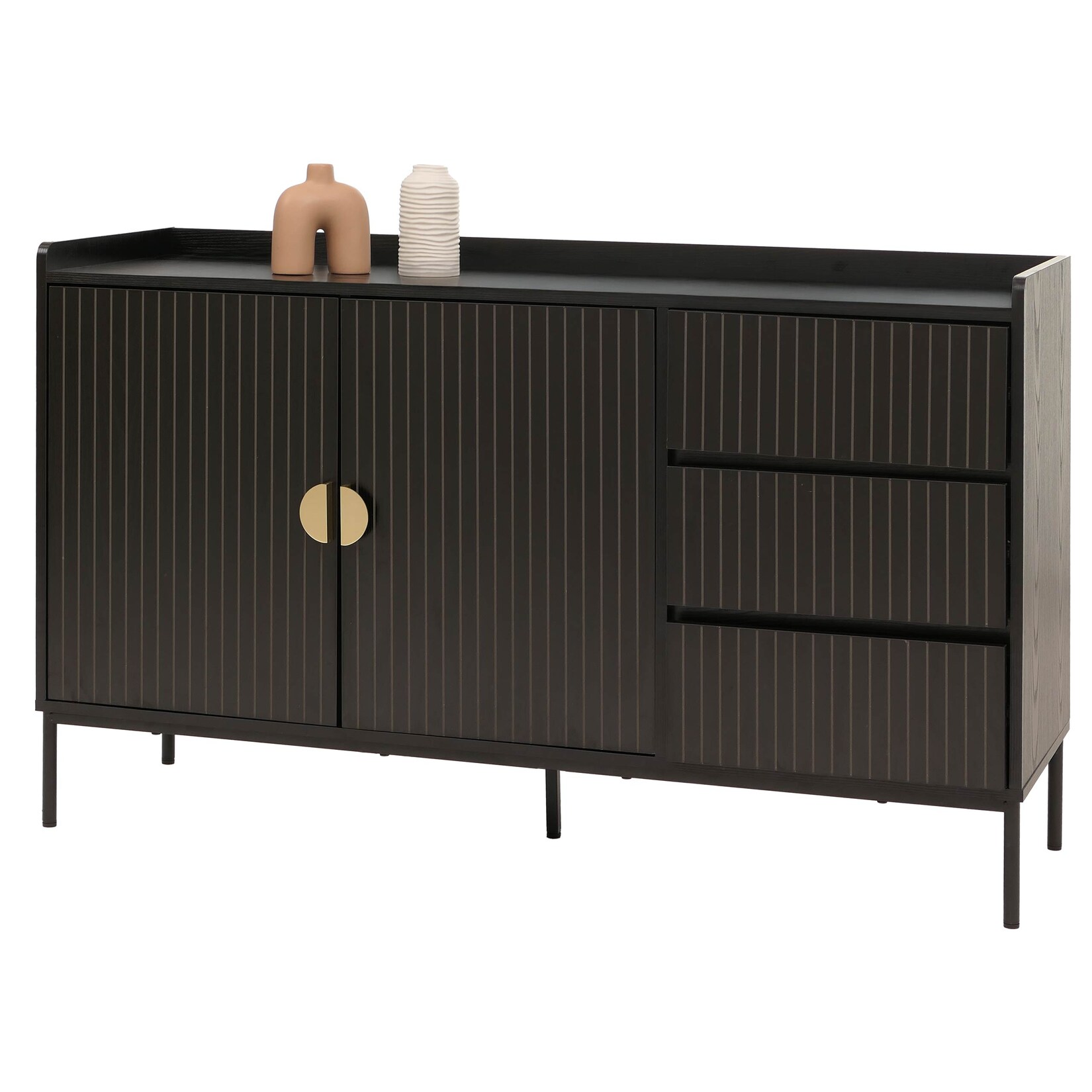 Sideboard MCW-O39, Kommode Schrank Anrichte, 3 Schubladen 2 Türen, Holz Melamin 80x130x42cm ~ Holzoptik schwarz