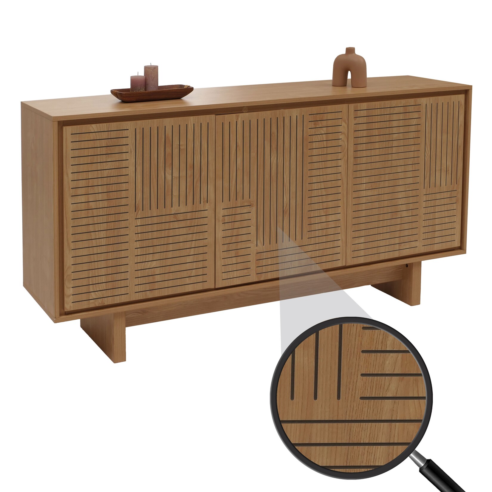 Sideboard MCW-O35, Schrank Highboard, 3 Türen Staufächer, Melamin 86x160x40cm ~ Ulme natur | 04057651769936