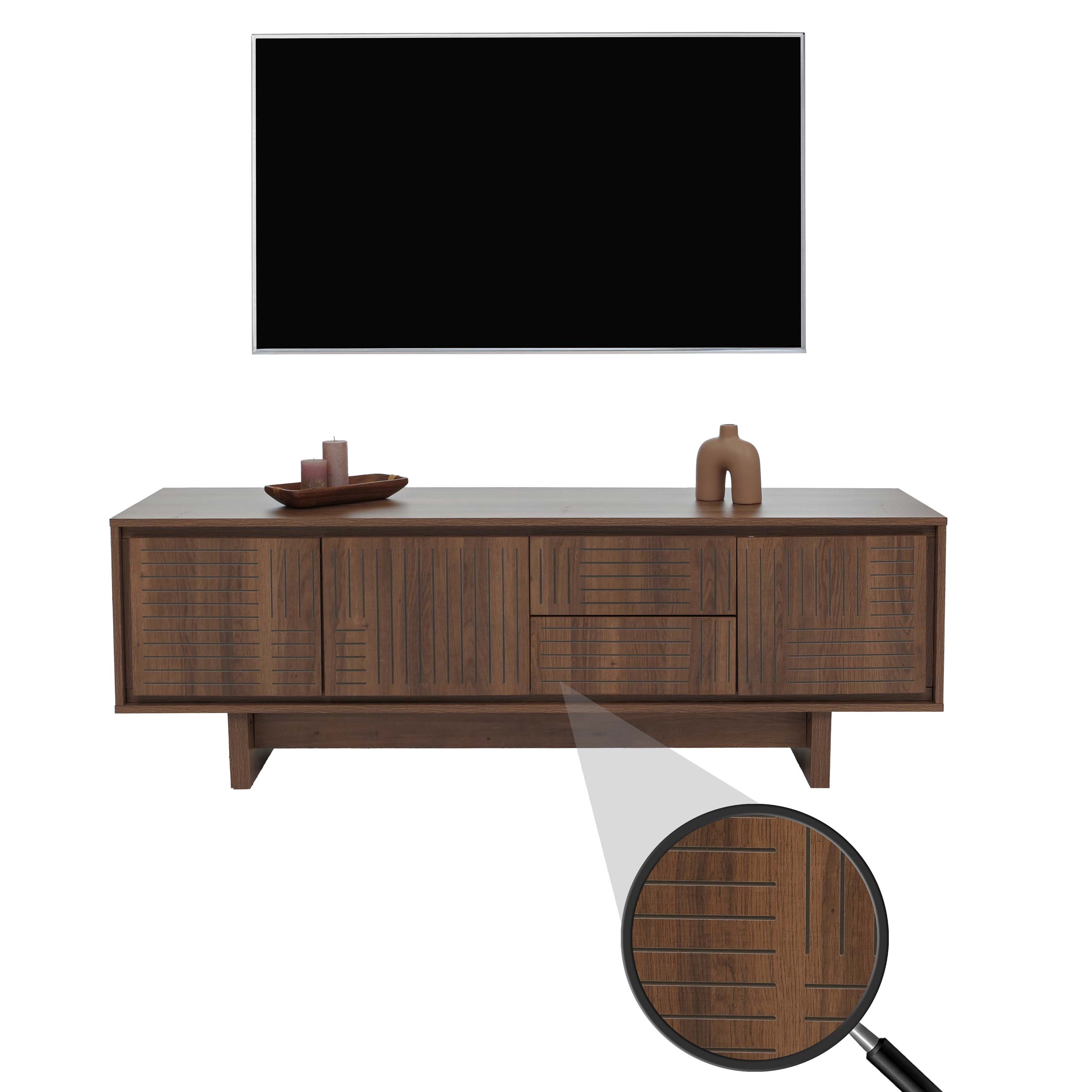 TV-Rack MCW-O34, TV-Board Fernsehtisch Lowboard Kommode, Schubladen Ablagen, Melamin 51,5x150x39,5cm ~ braun - Bild 1