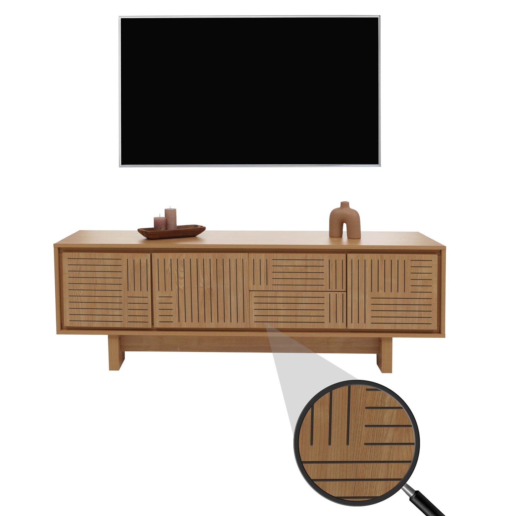 TV-Rack MCW-O34, TV-Board Fernsehtisch Lowboard Kommode, Schubladen Ablagen, Melamin 51,5x150x39,5cm ~ Ulme natur