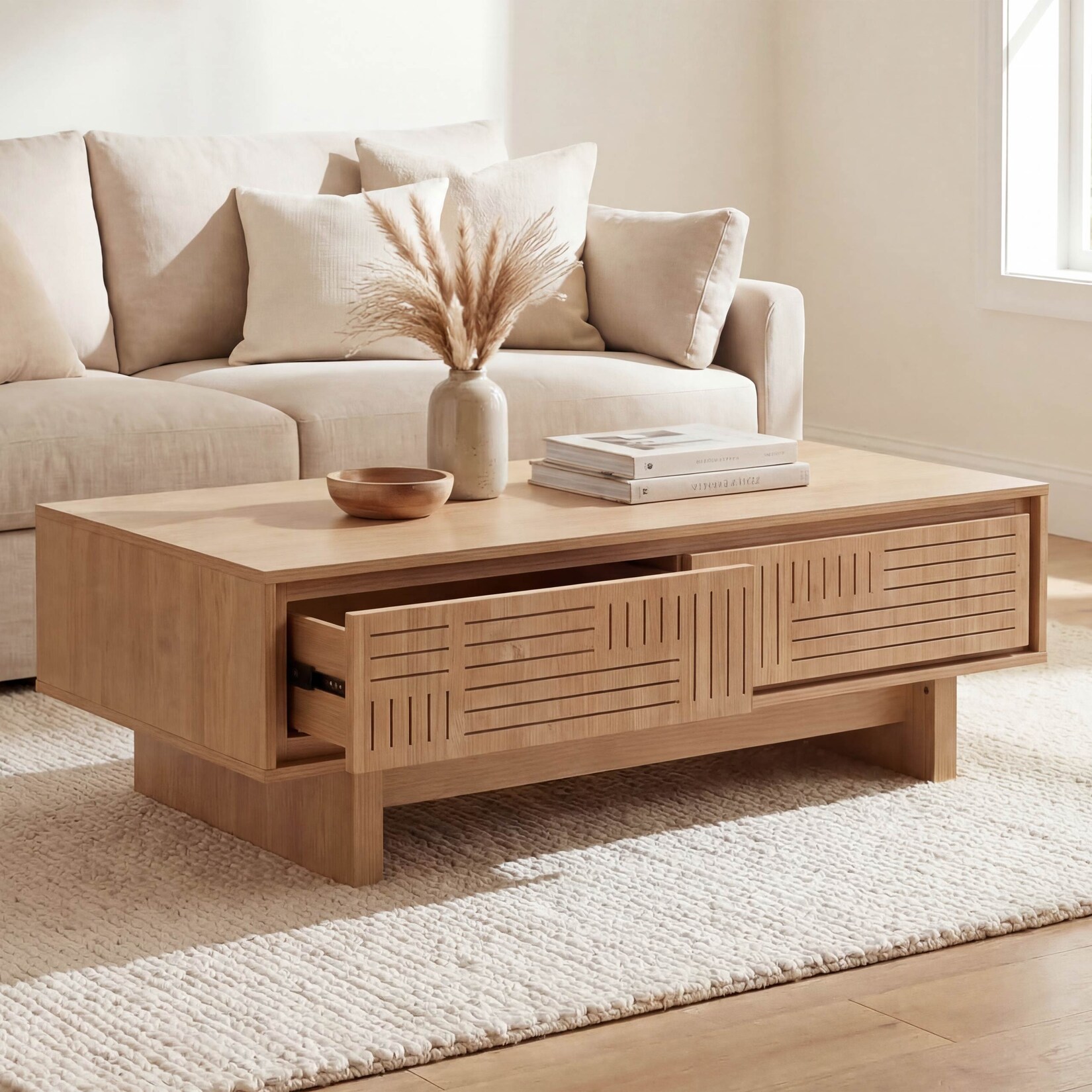 Couchtisch MCW-O33, Sofatisch Wohnzimmertisch Beistelltisch, 2 Schubladen 2 Fächer, Melamin 40x120x60cm ~ Ulme Natur