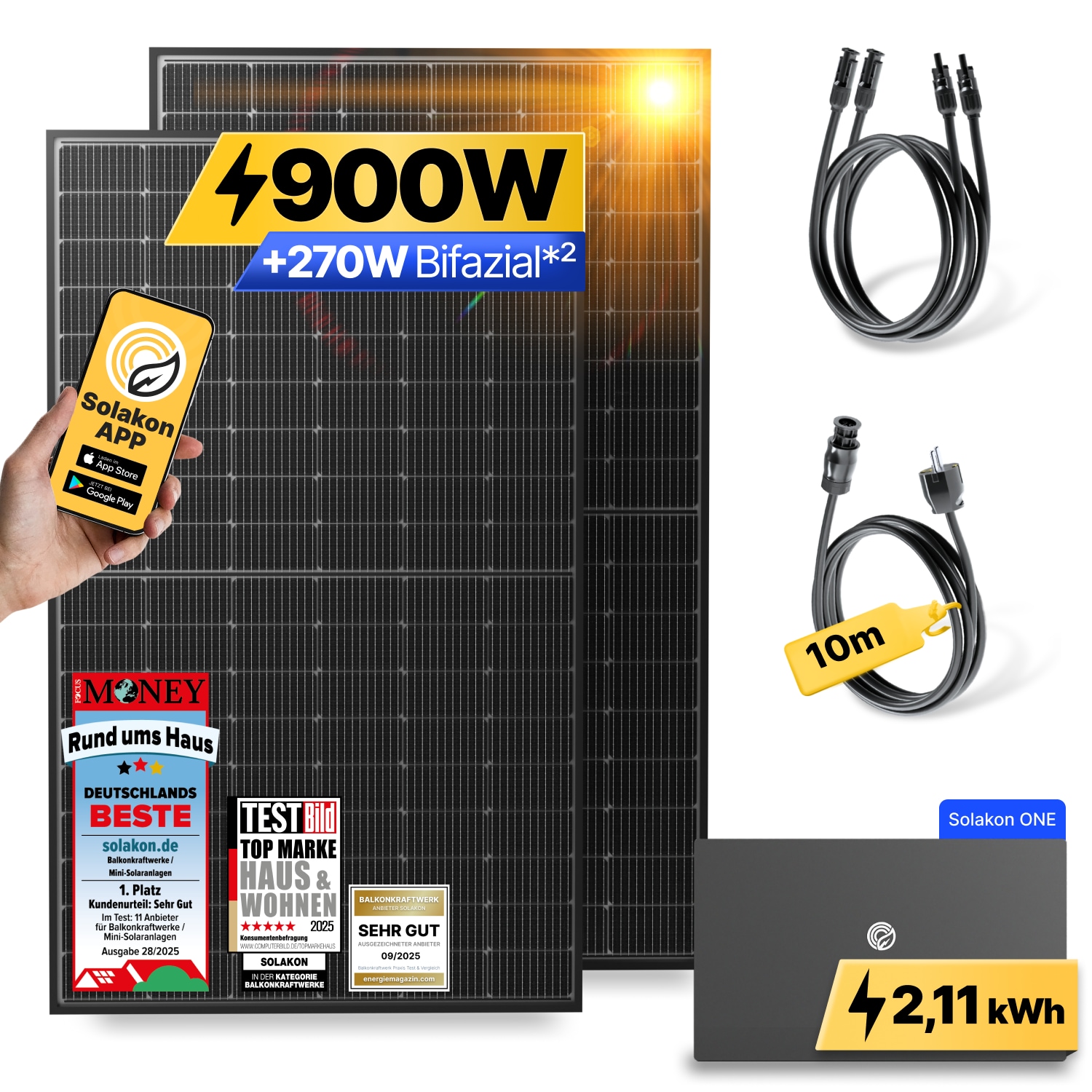 Balkonkraftwerk 900W/800W Solaranlage mit Solakon ONE Speicher Steckerfertig WIFI Komplettset Photovoltaik Anlage 800W, Kabell&auml;nge: 10m - Bild 1