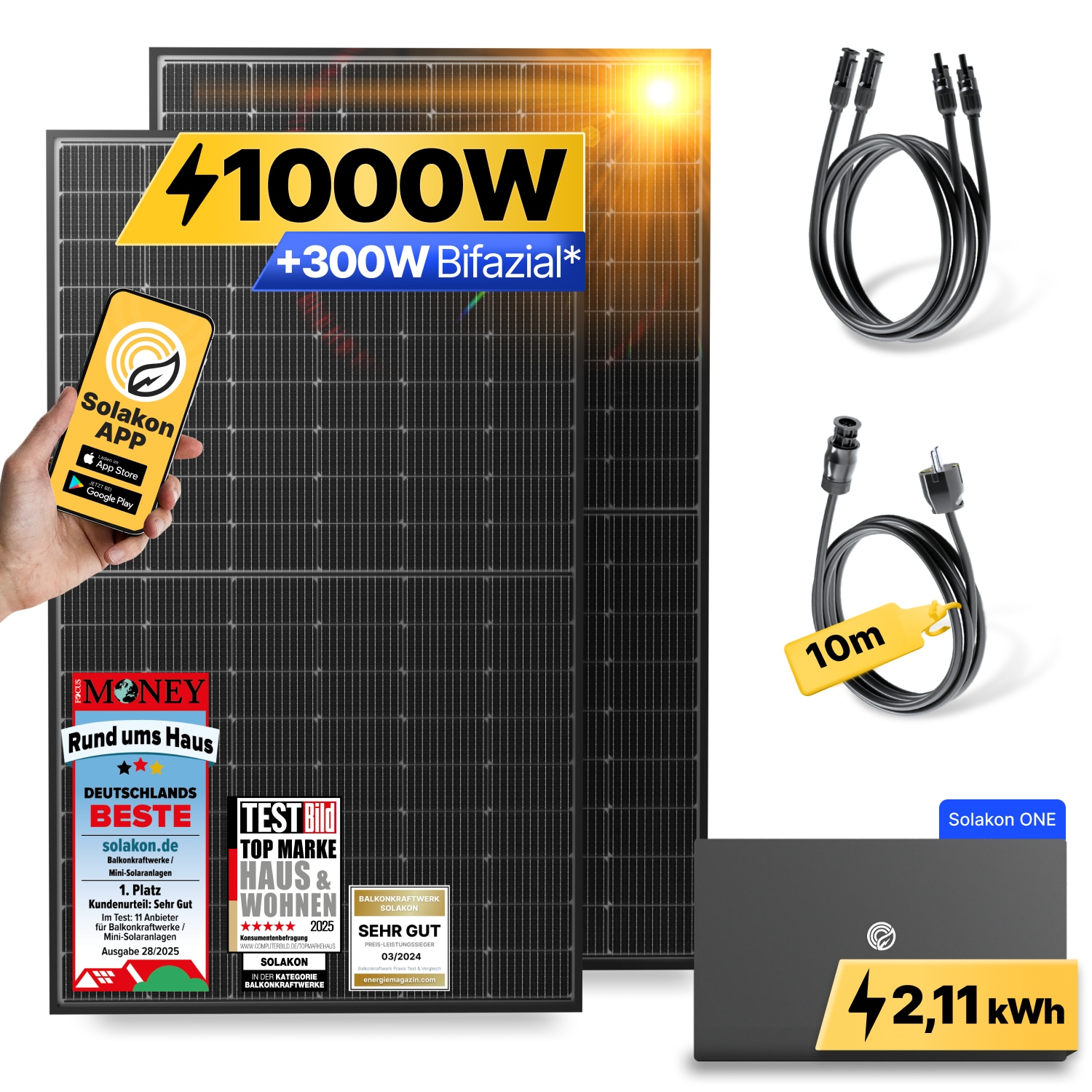 Balkonkraftwerk 1000W/800W Solaranlage mit Solakon ONE Speicher Steckerfertig WIFI Komplettset Photovoltaik Anlage 800W, Kabell&auml;nge: 10m - Bild 1