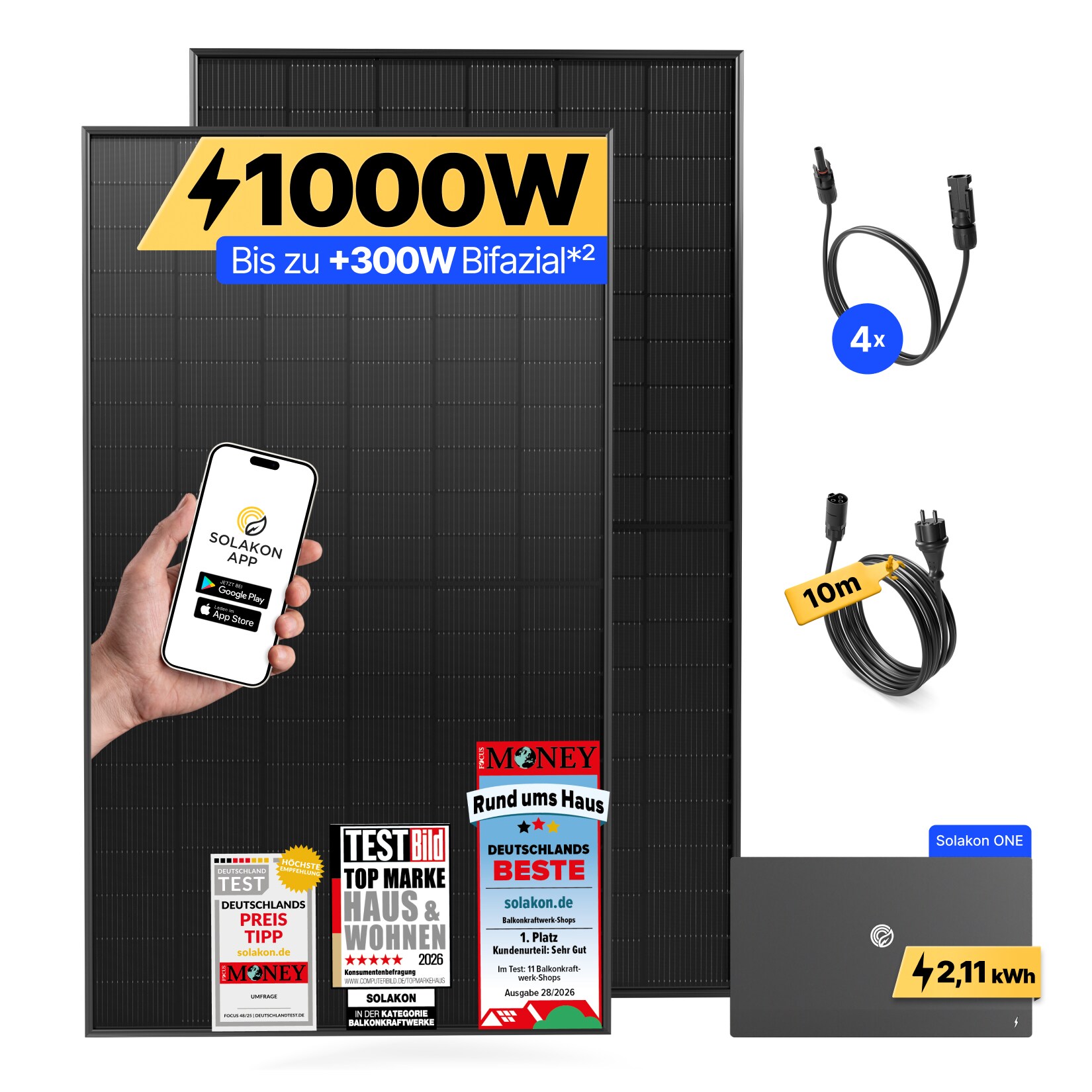 Balkonkraftwerk 1000W/800W Solaranlage mit Solakon ONE Speicher Steckerfertig WIFI Komplettset Photovoltaik Anlage 800W, Kabellänge: 10m