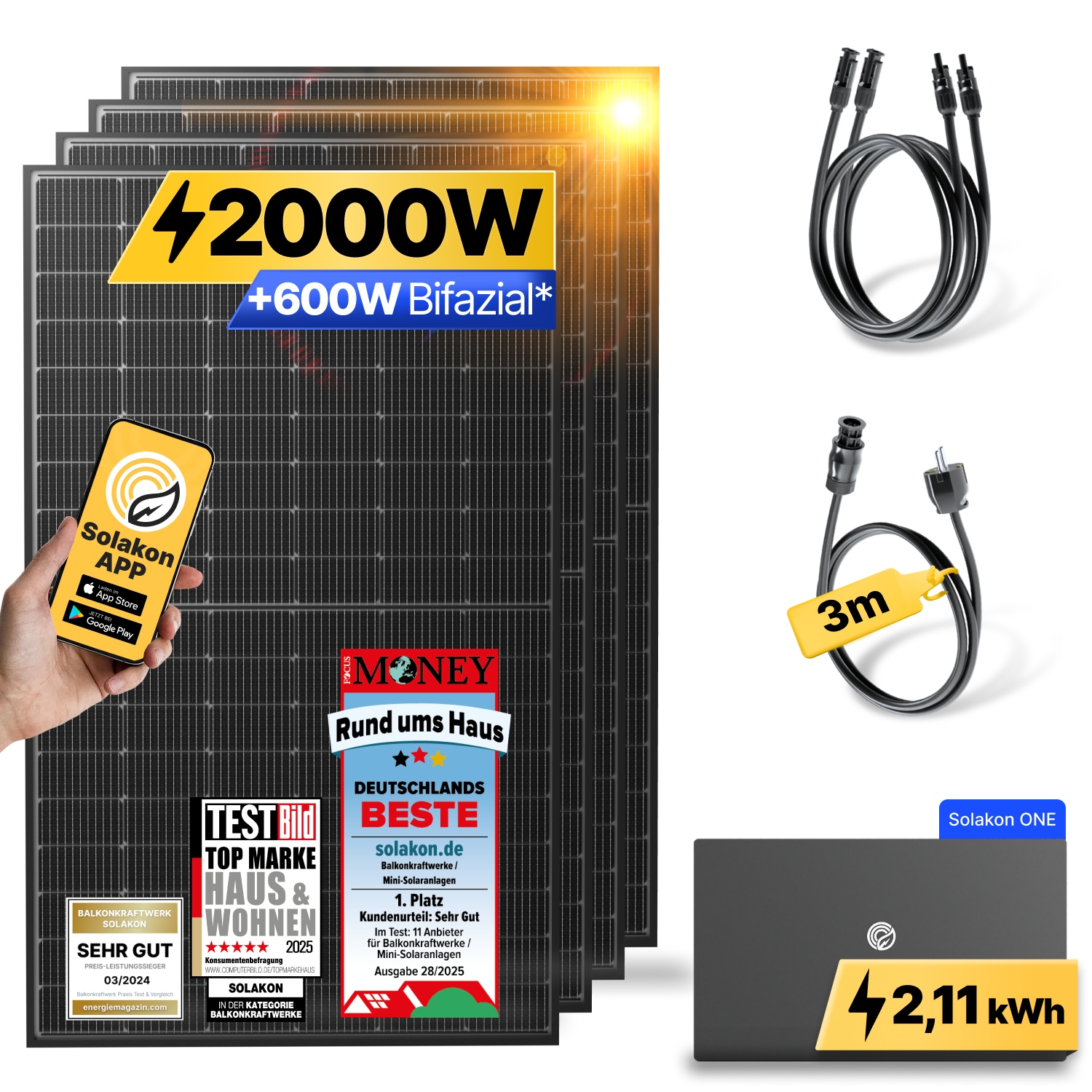 Balkonkraftwerk 2000W/800W Solaranlage mit Solakon ONE Speicher Steckerfertig WIFI Komplettset Photovoltaik Anlage 800W, Kabell&auml;nge: 3m - Bild 1