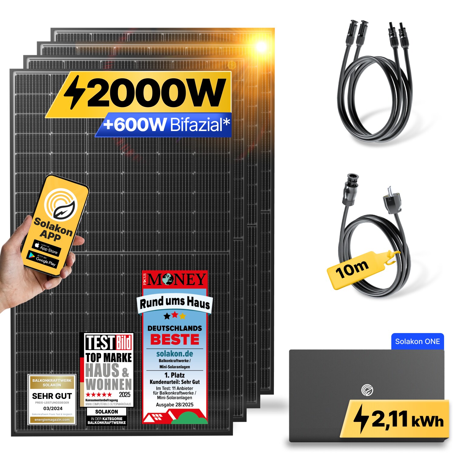 Balkonkraftwerk 2000W/800W Solaranlage mit Solakon ONE Speicher Steckerfertig WIFI Komplettset Photovoltaik Anlage 800W, Kabell&auml;nge: 10m - Bild 1