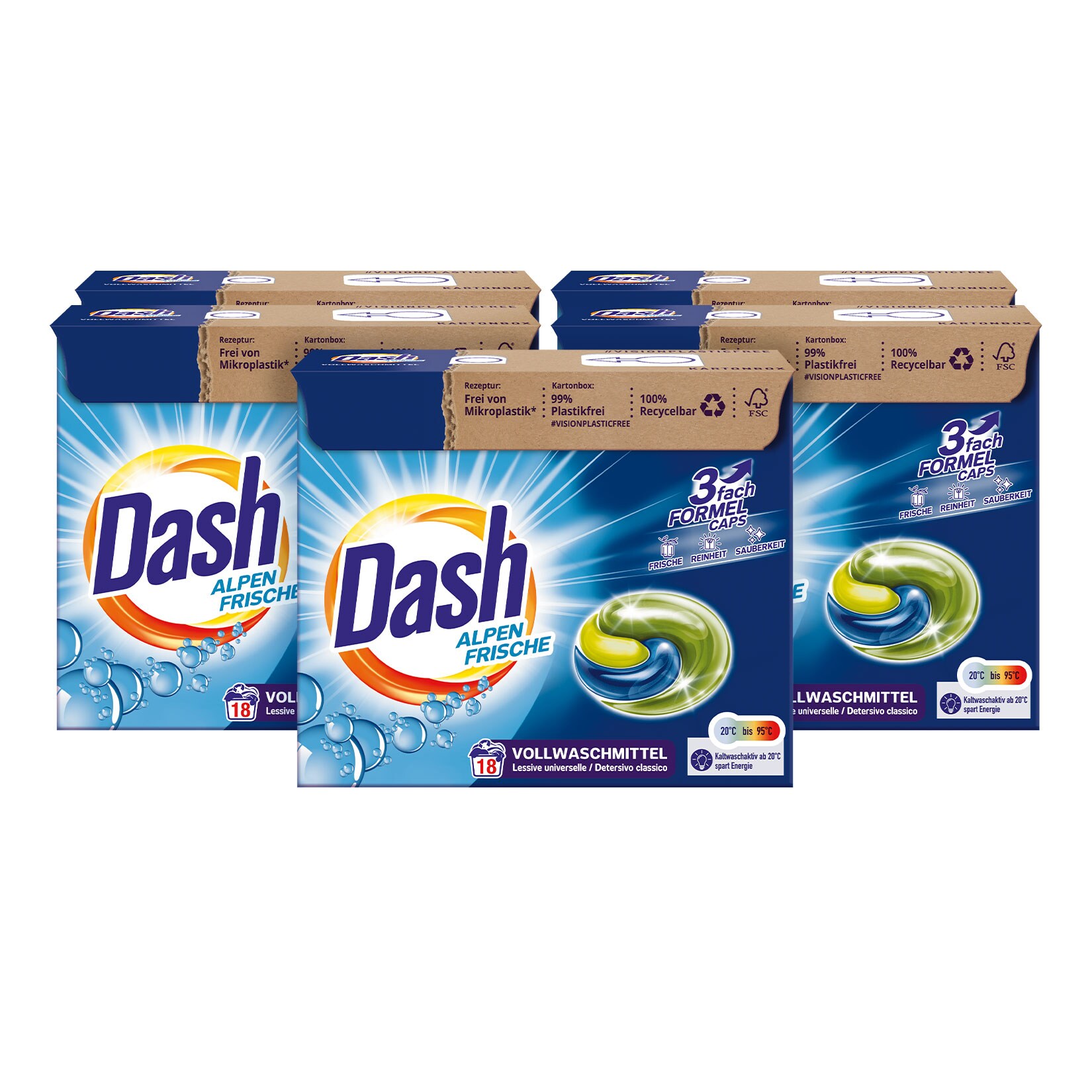 Vollwaschmittel Alpen Frische, 3 in 1 Caps für weiße Wäsche, 18 Waschladungen, 5er Pack
