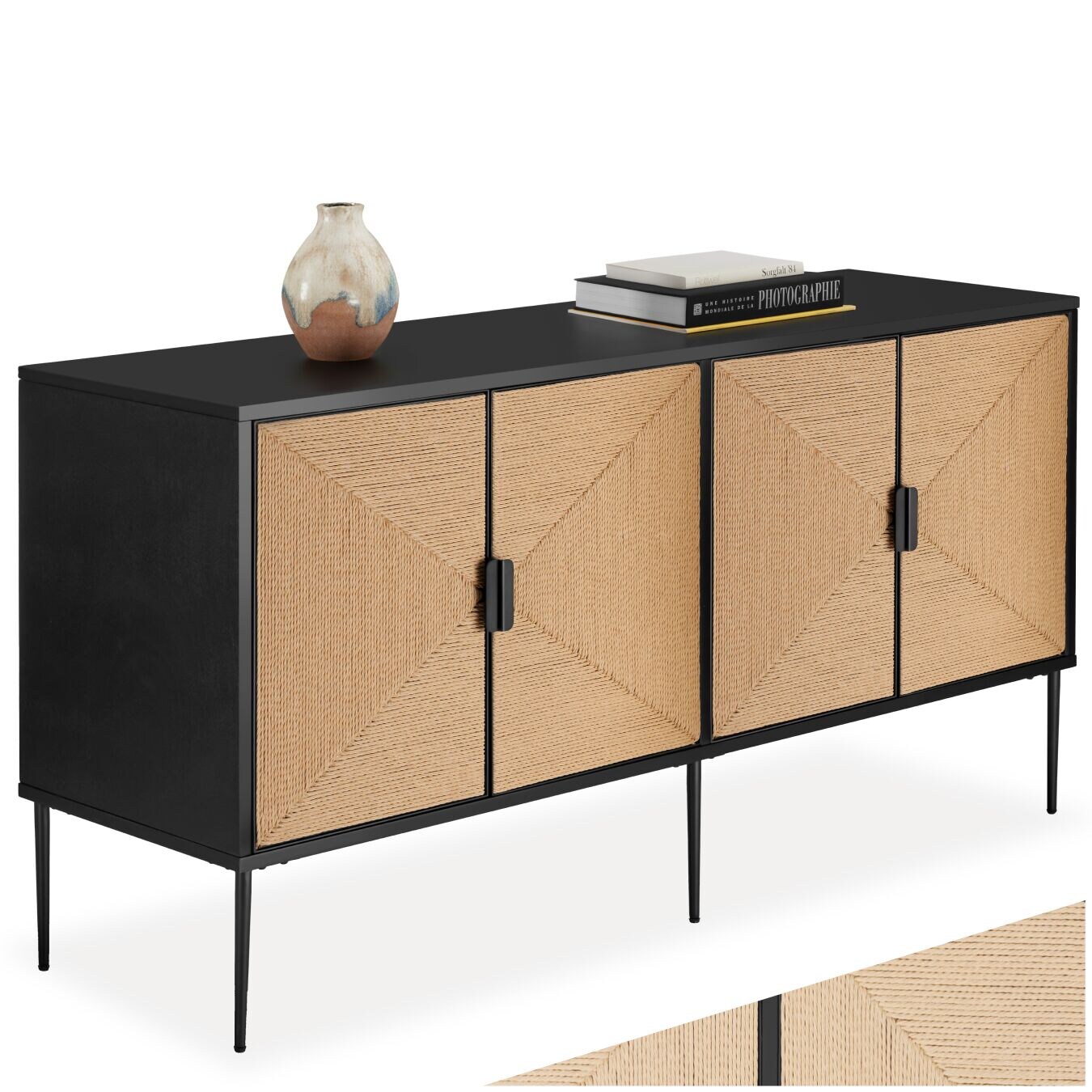 tectake® Sideboard, im Boho-Stil, Holzkorpus mit Fronten in Jute-Optik, Softclose-Scharniere für sanftes Schließen, 150 x 47 x 77 cm, höhenverstellbare Füße | 04061173271709