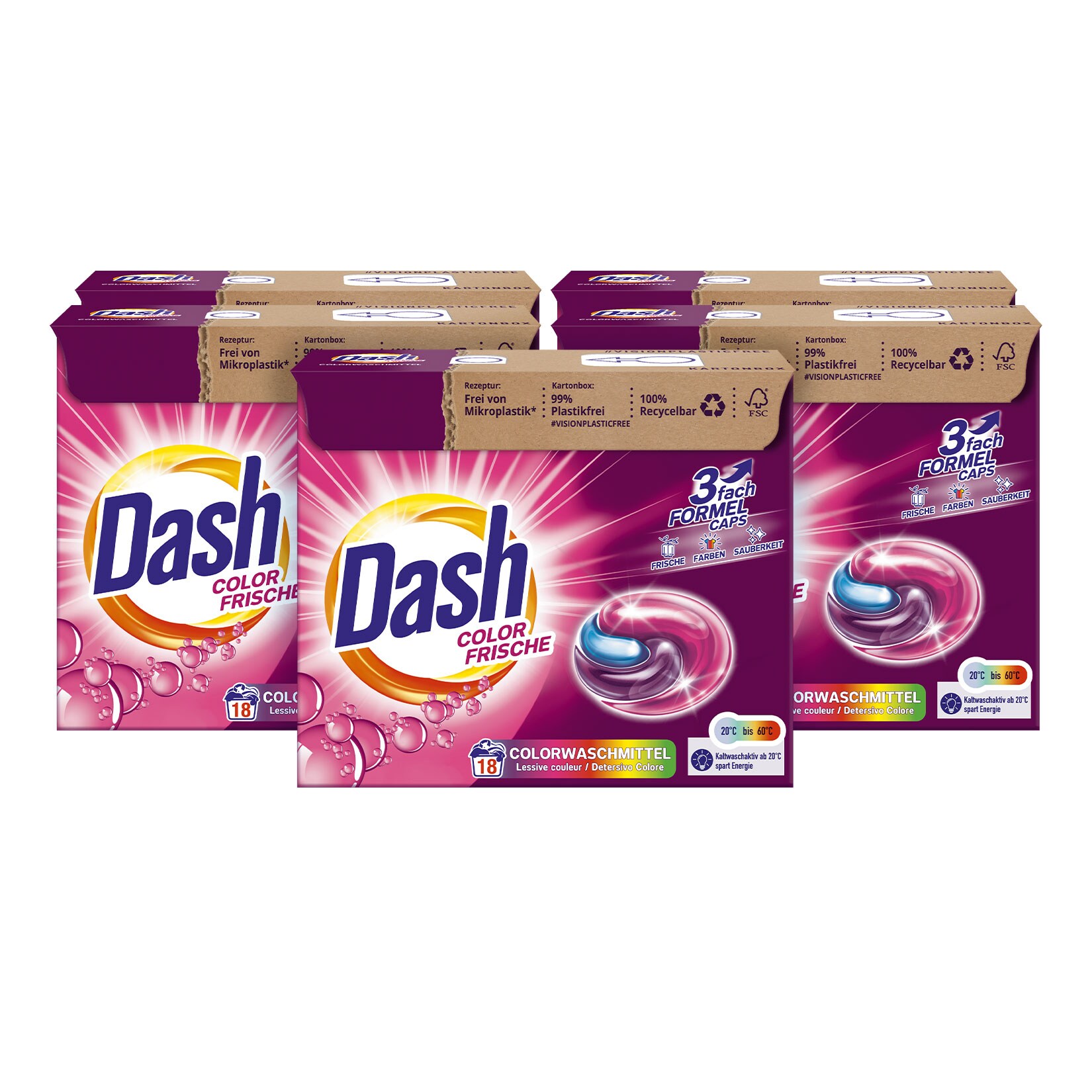 Vollwaschmittel Color Frische, 3 in 1 Caps für bunte Wäsche, 18 Waschladungen, 5er Pack