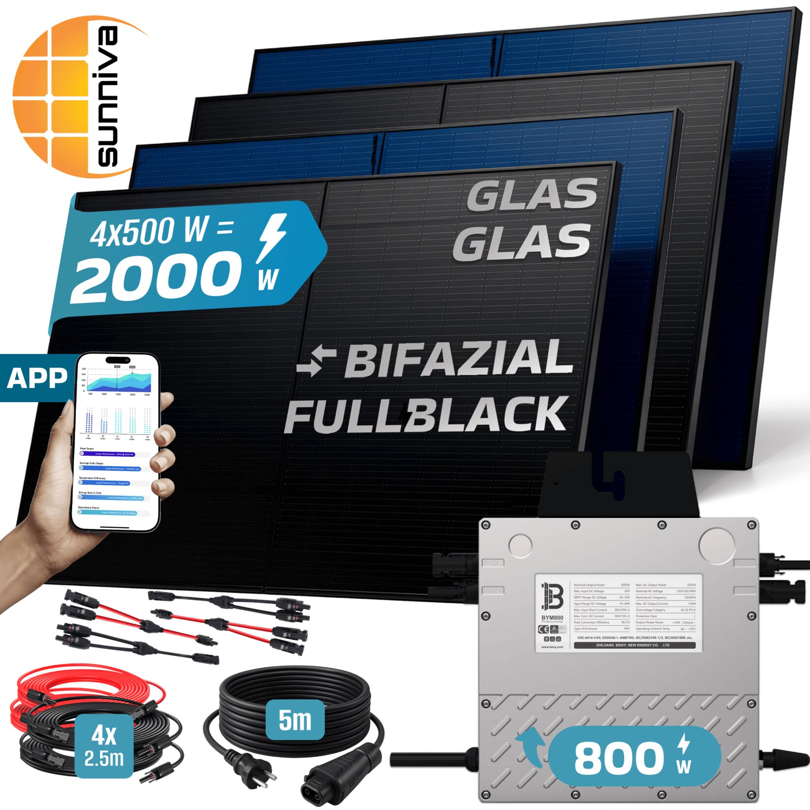 SUNNIVA® 2000W Balkonkraftwerk BIFAZIAL FULLBLACK komplett Steckdose BENY 800 Watt Wechselrichter, PV Solaranlage Komplettset, 4x 500W N-Type Glas-Glas Bifacial Solarmodule, 5m Kabel & 4x 2.5m Solarkabel | 04255656236617