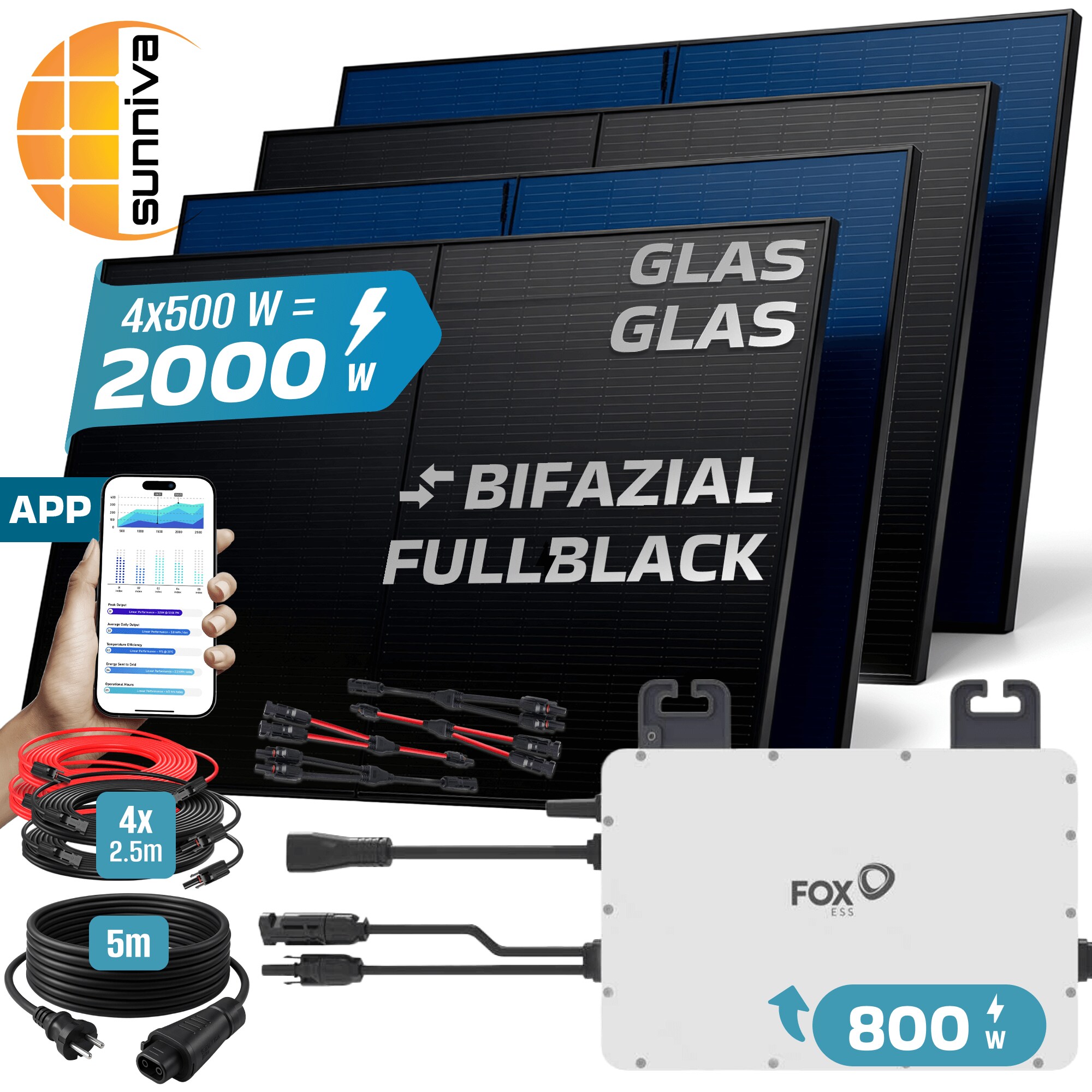SUNNIVA&reg; 2000W Balkonkraftwerk BIFAZIAL FULLBLACK komplett Steckdose FOXESS 800 Watt Wechselrichter, PV Solaranlage Komplettset, 4x 500W N-Type Glas-Glas Bifacial Solarmodule, 5m Kabel & 4x 2.5m Solarkabel - Bild 1