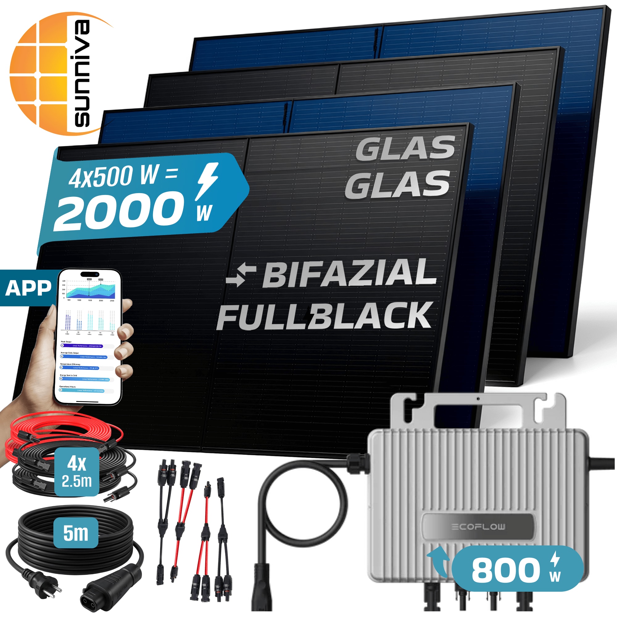 SUNNIVA&reg; 2000W Balkonkraftwerk BIFAZIAL FULLBLACK komplett Steckdose ECOFLOW 800 Watt Wechselrichter, PV Solaranlage Komplettset, 4x 500W N-Type Glas-Glas Bifacial Solarmodule, 5m Kabel & 4x 2.5m Solarkabel - Bild 1