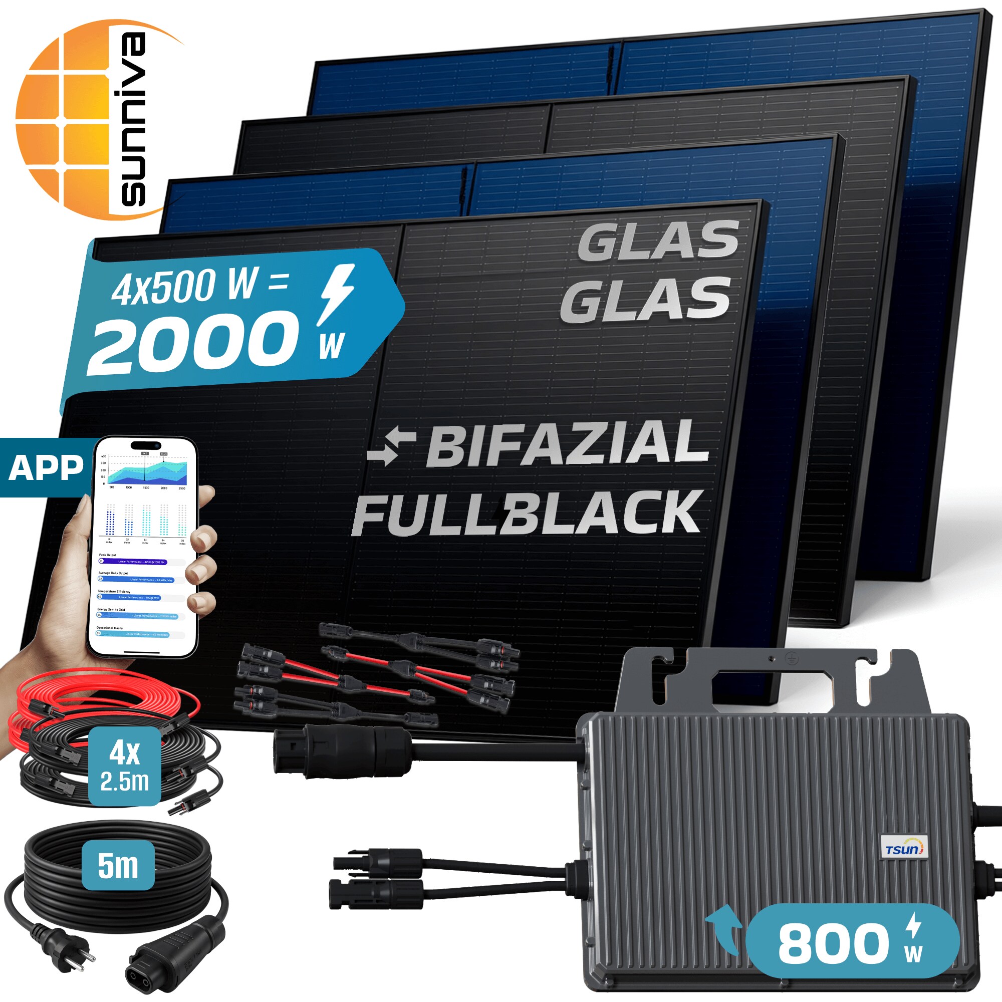 SUNNIVA&reg; 2000W Balkonkraftwerk BIFAZIAL FULLBLACK komplett Steckdose TSUN 800 Watt Wechselrichter, PV Solaranlage Komplettset, 4x 500W N-Type Glas-Glas Bifacial Solarmodule, 5m Kabel & 4x 2.5m Solarkabel - Bild 1