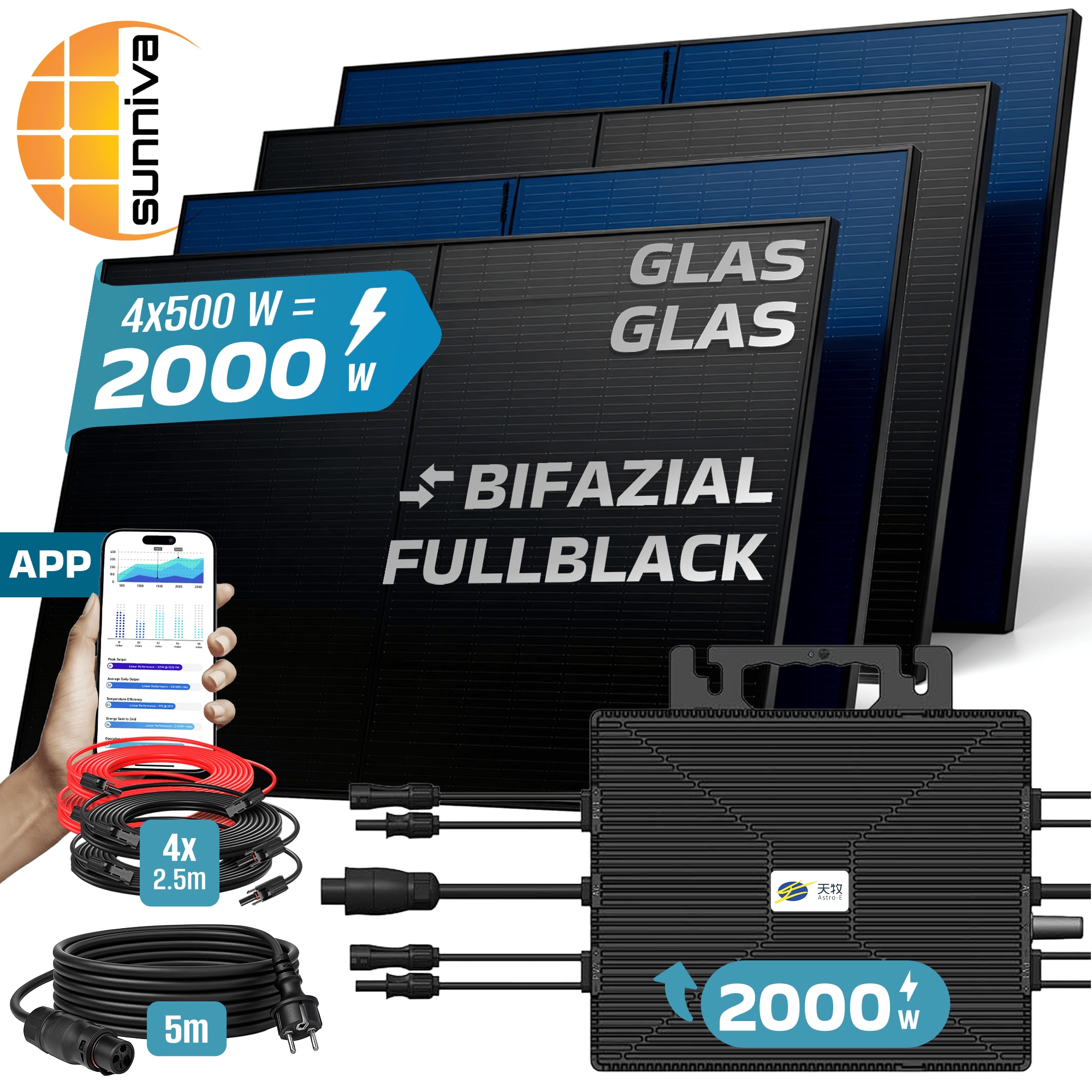 SUNNIVA&reg; 2000W Balkonkraftwerk BIFAZIAL FULLBLACK komplett Steckdose ASTRO-E 2000 Watt Wechselrichter, PV Solaranlage Komplettset, 4x 500W N-Type Glas-Glas Bifacial Solarmodule, 5m Kabel & 4x 2.5m Solarkabel - Bild 1