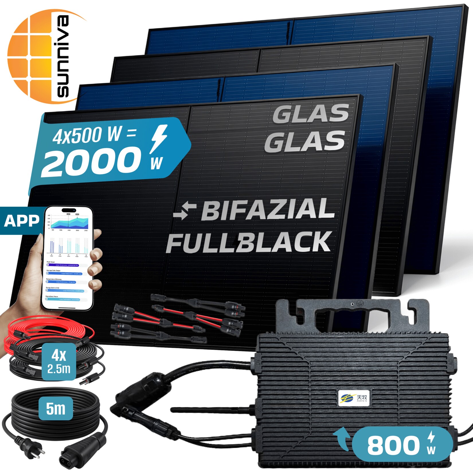 SUNNIVA® 2000W Balkonkraftwerk BIFAZIAL FULLBLACK komplett Steckdose ASTRO-E 800 Watt Wechselrichter, PV Solaranlage Komplettset, 4x 500W N-Type Glas-Glas Bifacial Solarmodule, 5m Kabel & 4x 2.5m Solarkabel | 04255656236259