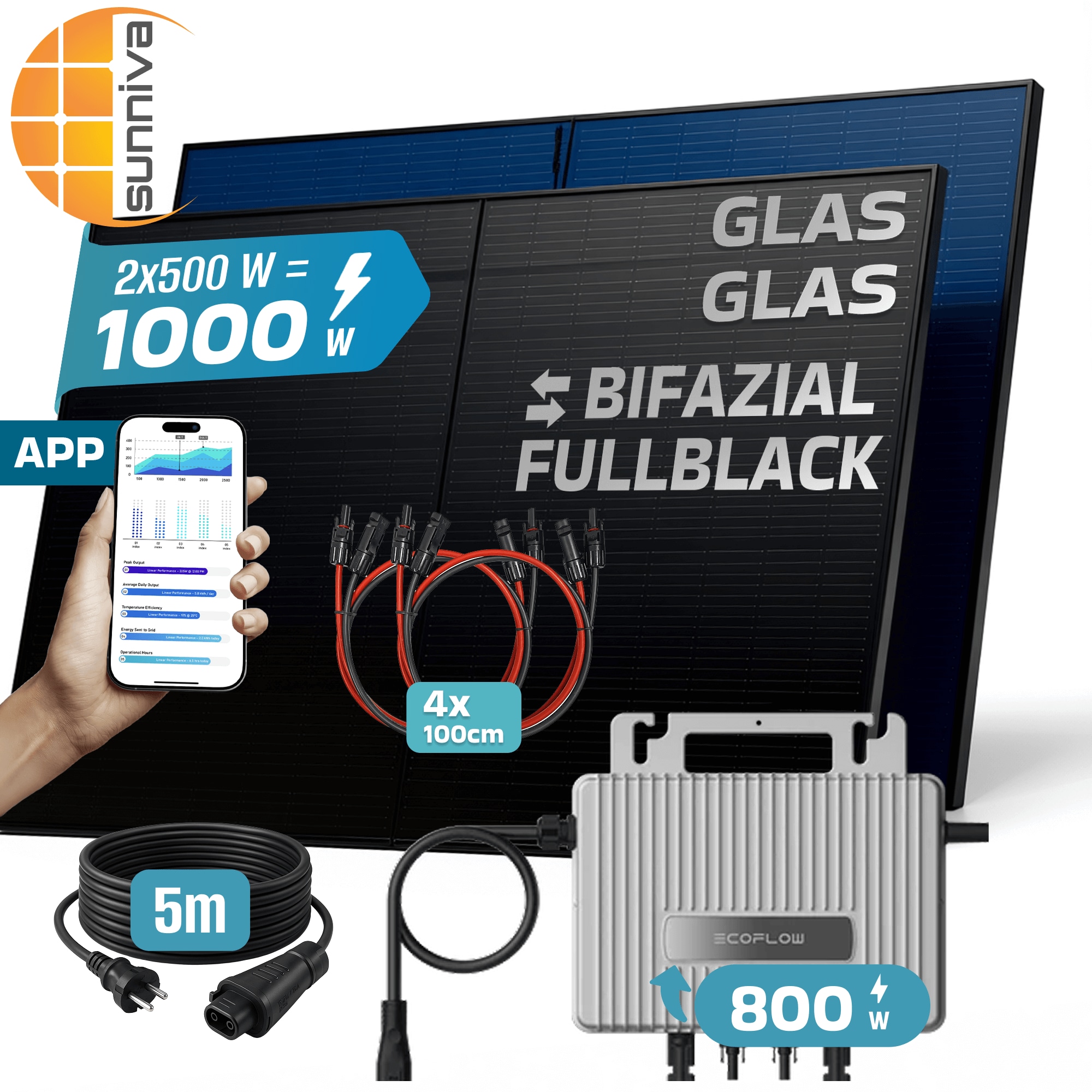 SUNNIVA&reg; 1000W Balkonkraftwerk BIFAZIAL FULLBLACK komplett Steckdose ECOFLOW 800 Watt Wechselrichter, PV Solaranlage Komplettset, 2x 500W N-Type Glas-Glas Bifacial Solarmodule, 5m Kabel & 4x 1m Solarkabel - Bild 1