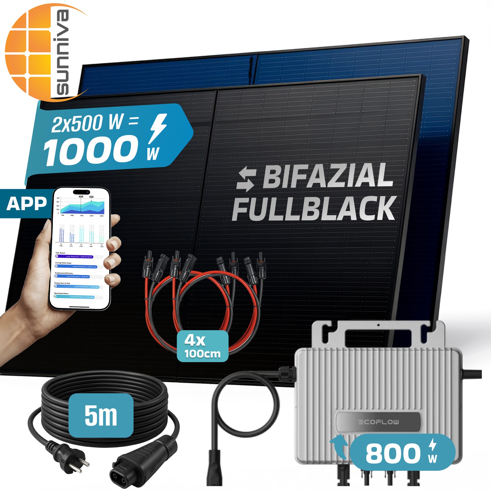 SUNNIVA® 1000W Balkonkraftwerk mit 800W Wechselrichter ECOFLOW, BIFAZIAL FULLBLACK komplett Steckdose, PV Solaranlage Komplettset mit 5 m Anschlusskabel und 4x 1m Solarkabel, 2x 500W N-Type Glas
