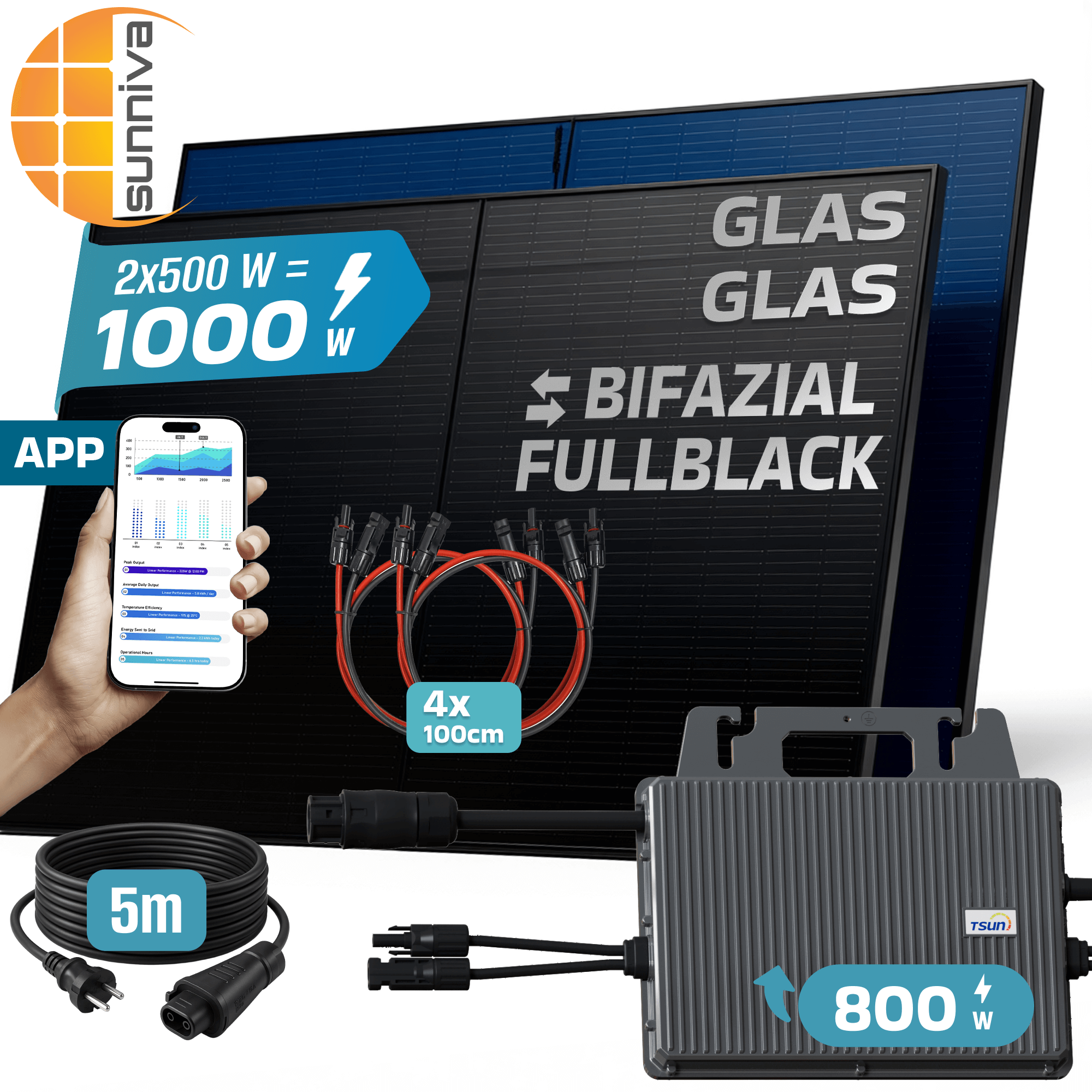 SUNNIVA&reg; 1000W Balkonkraftwerk BIFAZIAL FULLBLACK komplett Steckdose TSUNE 800 Watt Wechselrichter, PV Solaranlage Komplettset, 2x 500W N-Type Glas-Glas Bifacial Solarmodule, 5m Kabel & 4x 1m Solarkabel - Bild 1