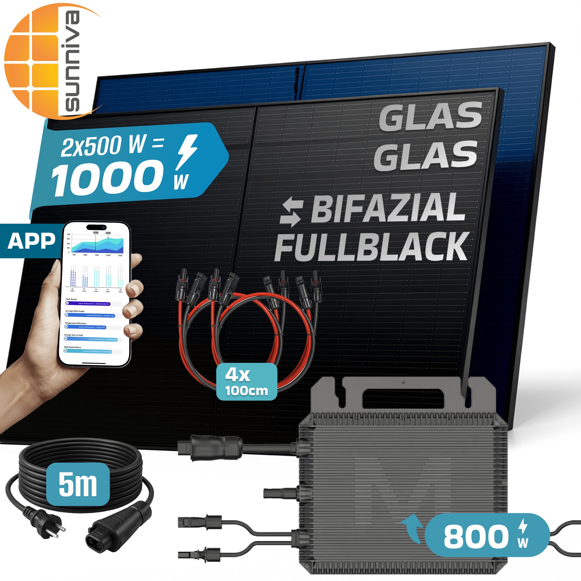 SUNNIVA&reg; 1000W Balkonkraftwerk BIFAZIAL FULLBLACK komplett Steckdose MARSTEK 800 Watt Wechselrichter, PV Solaranlage Komplettset, 2x 500W N-Type Glas-Glas Bifacial Solarmodule, 5m Kabel & 4x 1m Solarkabel - Bild 1