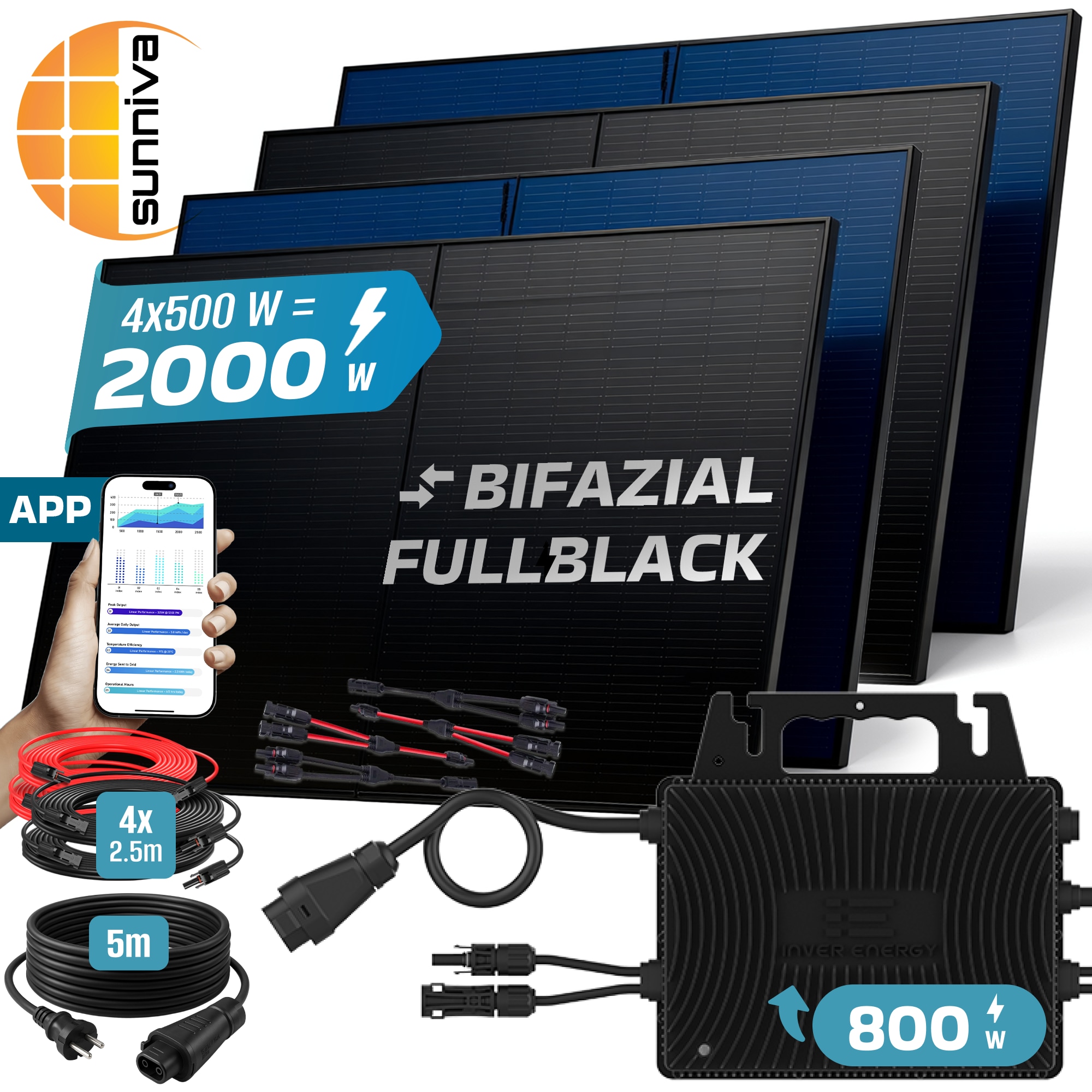 SUNNIVA&reg; 2000W Balkonkraftwerk BIFAZIAL FULLBLACK komplett Steckdose INVER ENERGY 800W Wechselrichter, PV Solaranlage, 4x 500W Glas Solarmodule, inkl. 5m Kabel, Bluetooth WIFI, Komplettset - Bild 1