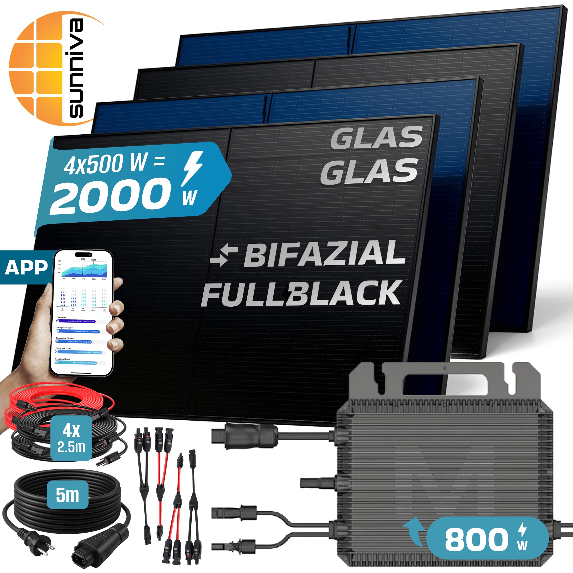 SUNNIVA&reg; 2000W Balkonkraftwerk BIFAZIAL FULLBLACK komplett Steckdose MARSTEK 800 Watt Wechselrichter, PV Solaranlage Komplettset, 4x 500W N-Type Glas-Glas Bifacial Solarmodule, 5m Kabel & 4x 2.5m Solarkabel - Bild 1