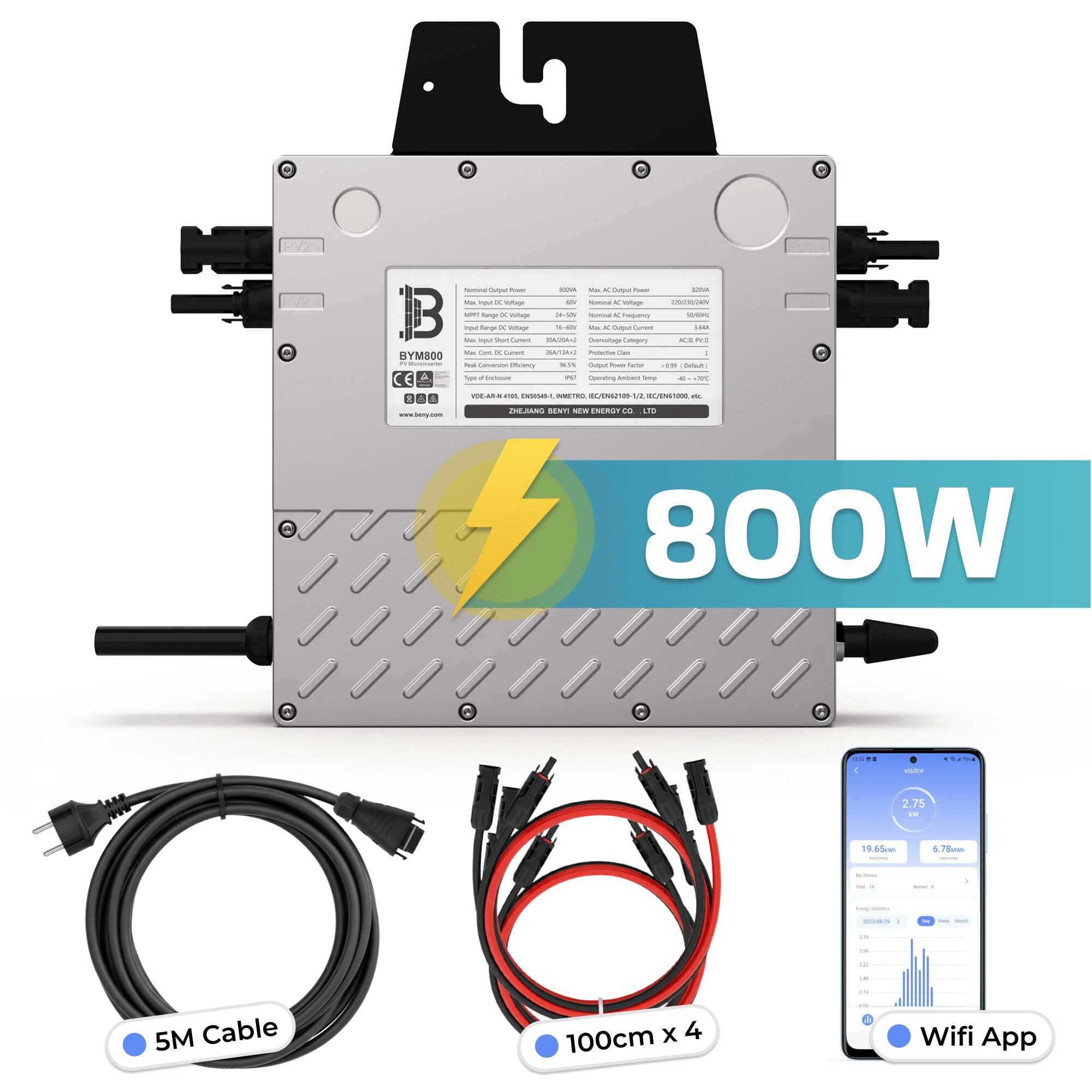 BENY Mikro-Wechselrichter 800 W BYM800 f&uuml;r Balkonkraftwerk, IP67 wetterfest, Plug-&-Play Installation, 2 MPPT, WIFI, inkl. 5 m Anschlusskabel & 4x 1 m Solar-Verl&auml;ngerungen, Micro Inverter - Bild 1