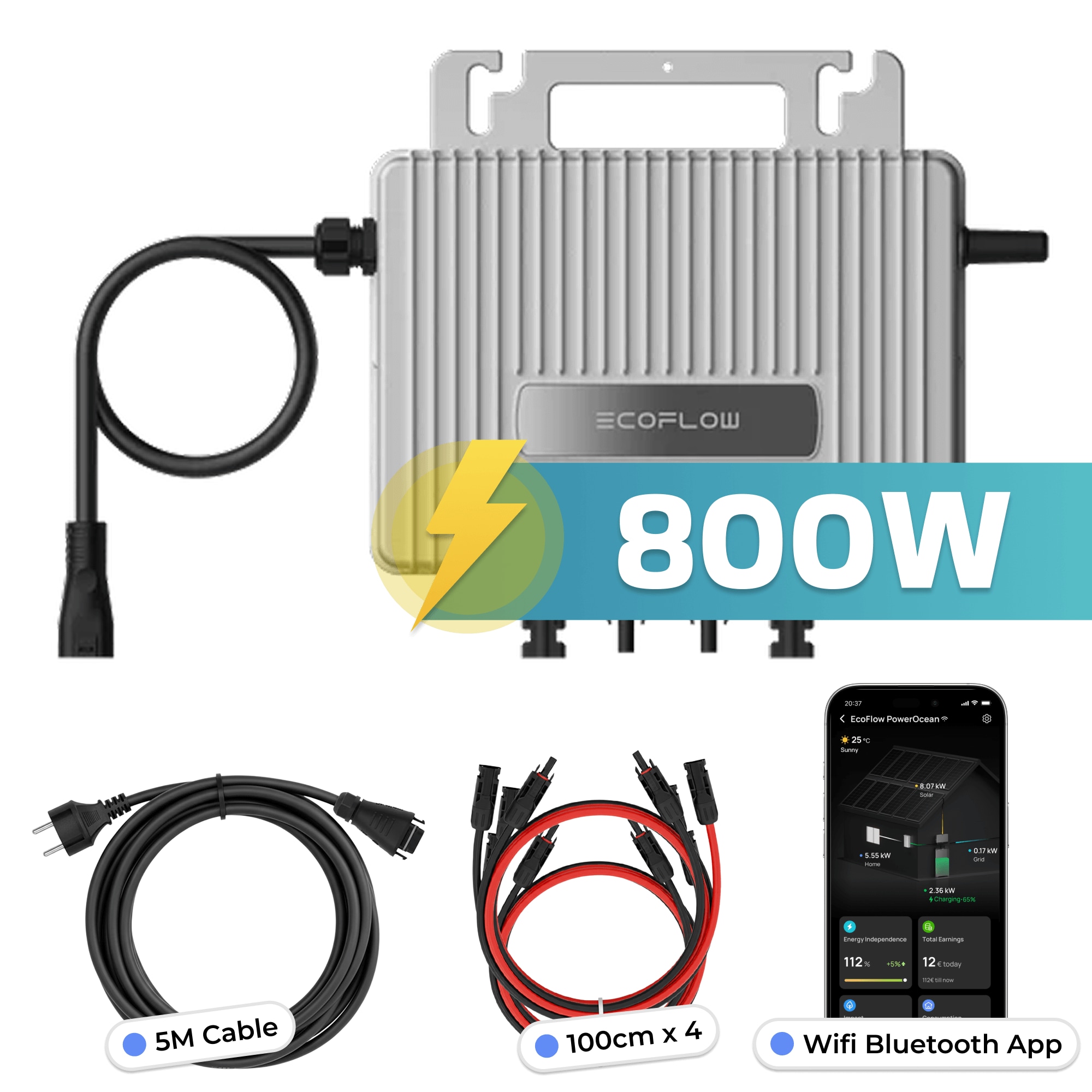 ECOFLOW Mikro-Wechselrichter 800 W EFStreamMI800W f&uuml;r Balkonkraftwerk, IP67 wetterfest, Plug&Play Installation, 2 MPPT, Bluetooth & WIFI, inkl. 5m Anschlusskabel & 4x 1m Solar-Verl&auml;ngerungen, Inverter - Bild 1