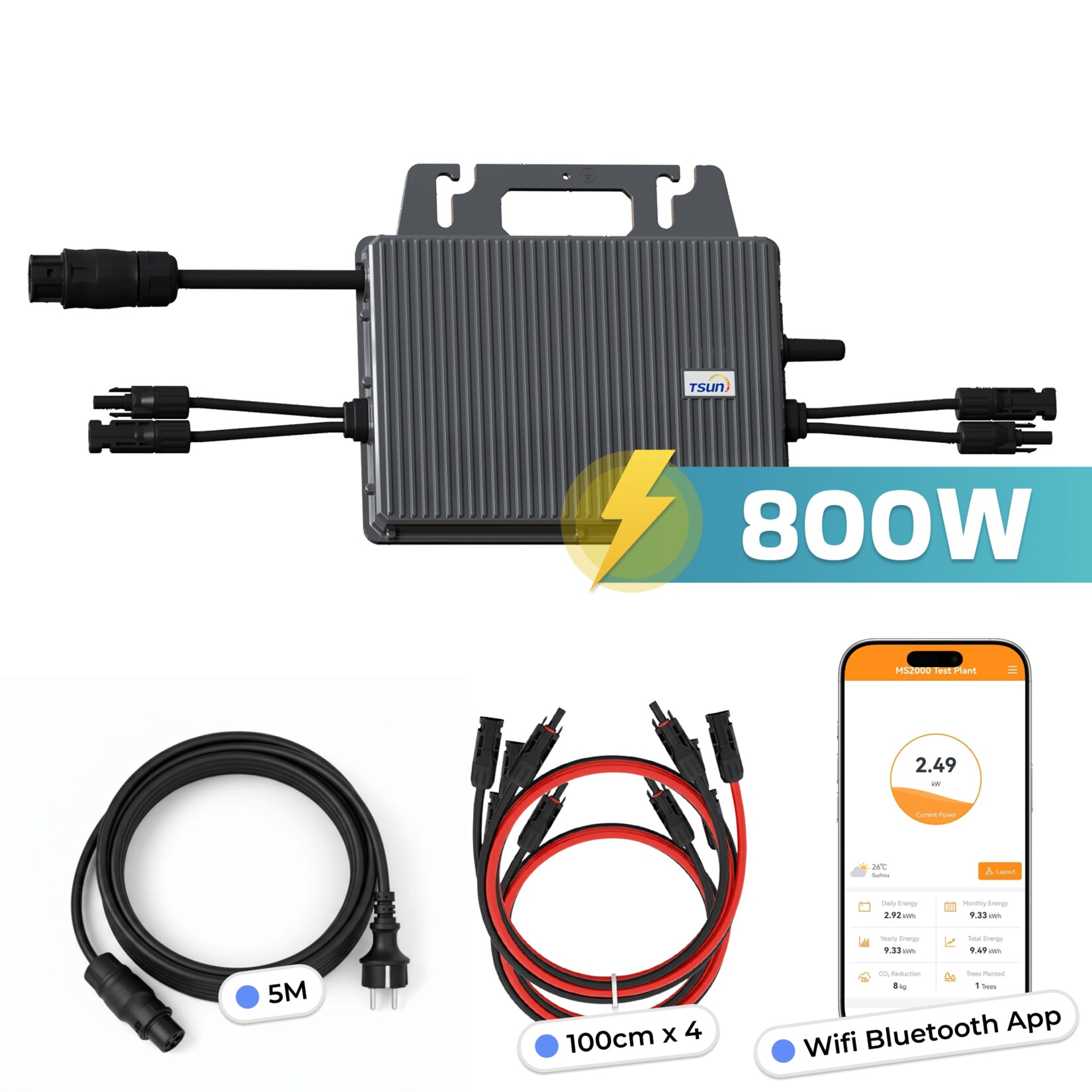 TSUN Mikro-Wechselrichter 800W TSOL-MS800  für Balkonkraftwerk, IP67 wetterfest, Plug&Play Installation, 2 MPPT, Bluetooth & WIFI, inkl. 5m Anschlusskabel & 4x 1 m Solar-Verlängerungen, Micro Inverter | 04255656236846