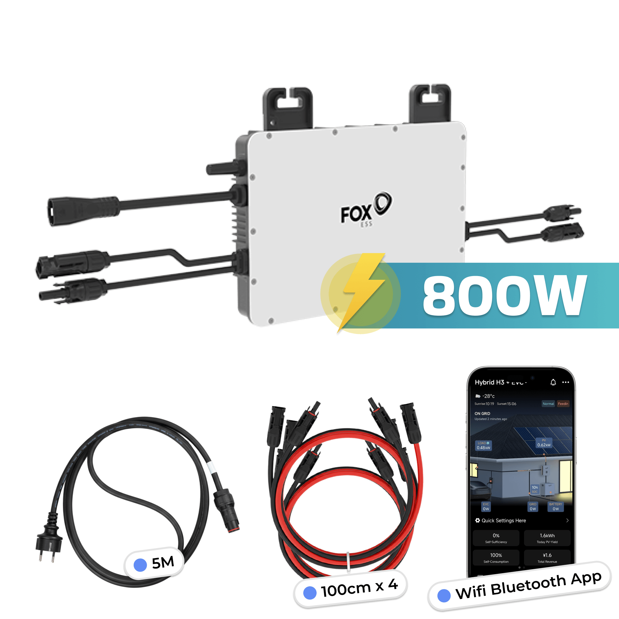 Fox ESS Mikro-Wechselrichter 800 W M1-800-E f&uuml;r Balkonkraftwerk, IP67 wetterfest, Plug-&-Play Installation, 2 MPPT, Bluetooth & WIFI, inkl. 5 m Anschlusskabel & 4x 1 m Solar-Verl&auml;ngerungen, Inverter - Bild 1