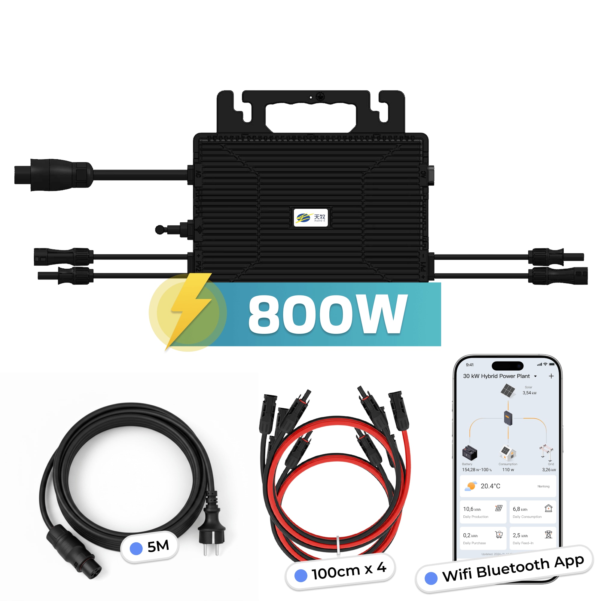 Astro-E Mikro-Wechselrichter 800 W TM-L800Mi f&uuml;r Balkonkraftwerk, IP67 wetterfest, Plug&Play Installation, 2 MPPT, Bluetooth WIFI, inkl. 5m Anschlusskabel & 4x1 m Solar-Verl&auml;ngerungen, Micro Inverter - Bild 1