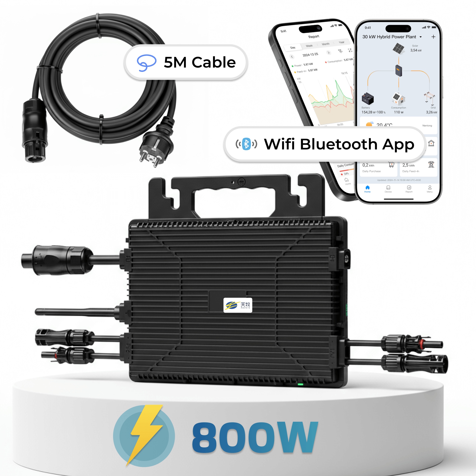 Astro-E  Mikro-Wechselrichter 800 W TM-L800Mi f&uuml;r Balkonkraftwerk, IP67 wetterfest, Plug-&-Play Installation, 2 MPPT, Bluetooth & WIFI, inkl. 5 m Anschlusskabel, Micro Inverter - Bild 1
