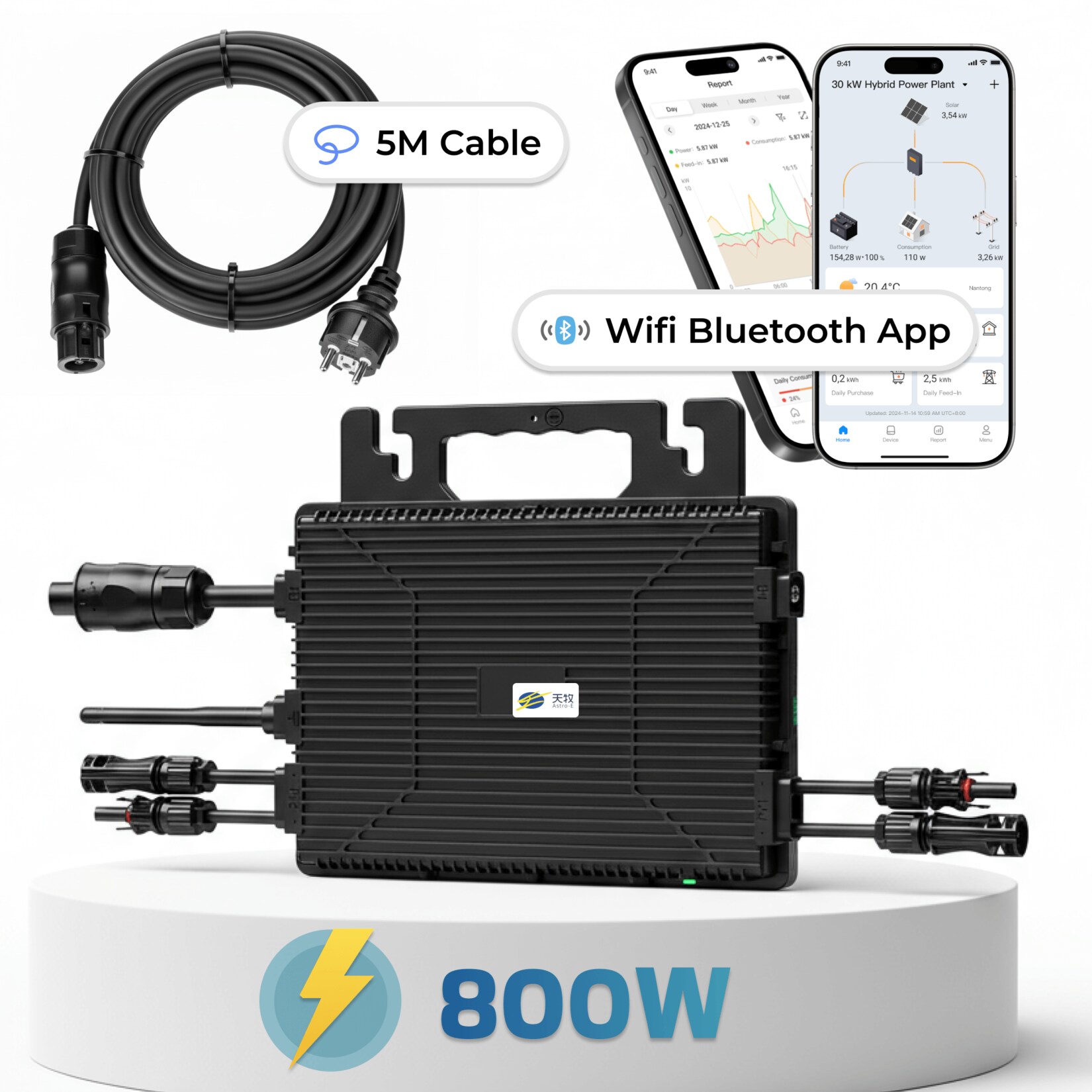 Astro-E  Mikro-Wechselrichter 800 W TM-L800Mi für Balkonkraftwerk, IP67 wetterfest, Plug-&-Play Installation, 2 MPPT, Bluetooth & WIFI, inkl. 5 m Anschlusskabel, Micro Inverter | 04255656236976