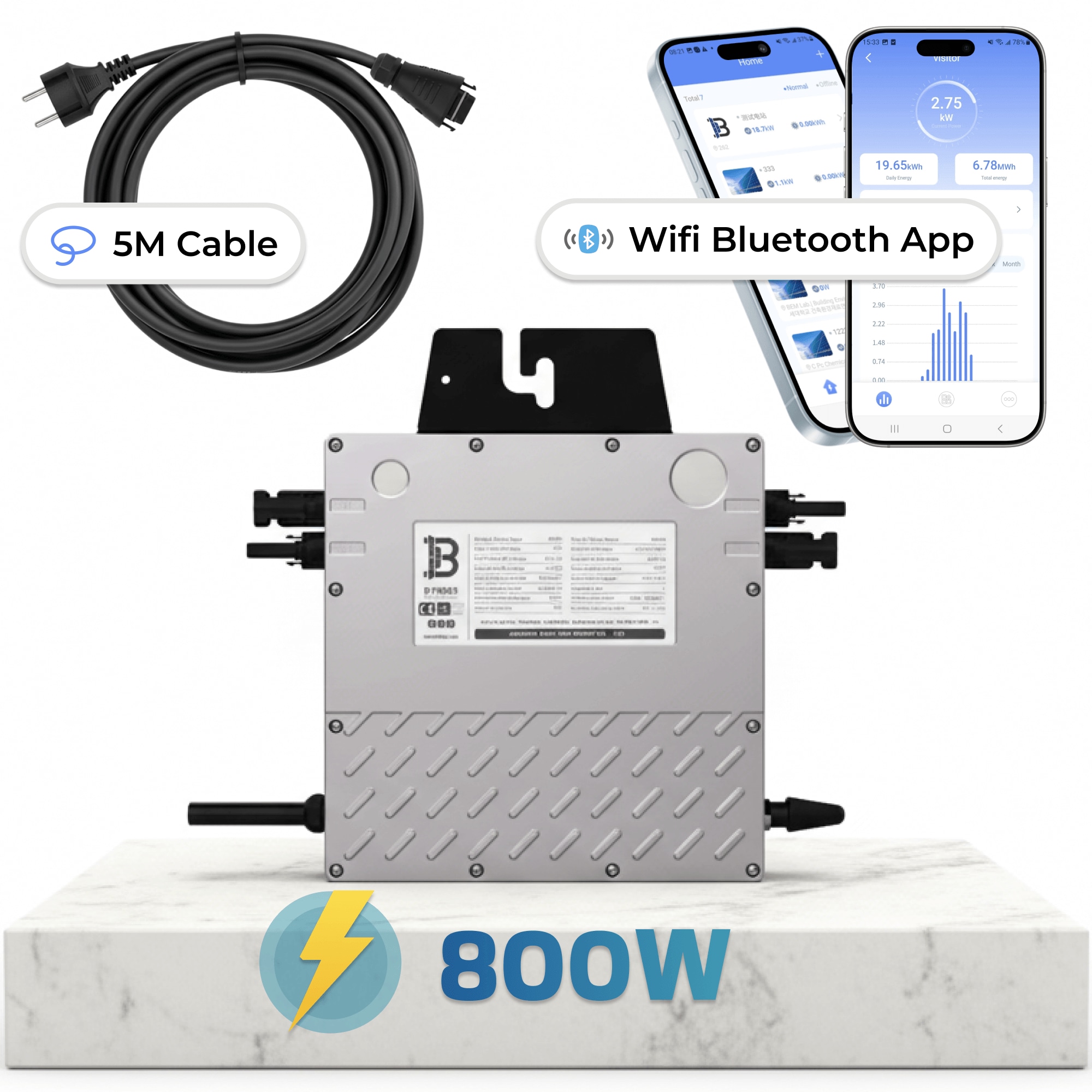 BENY Mikro-Wechselrichter 800 W BYM800 f&uuml;r Balkonkraftwerk, IP67 wetterfest, Plug-&-Play Installation, 2 MPPT, WIFI, inkl. 5 m Anschlusskabel, Micro Inverter - Bild 1