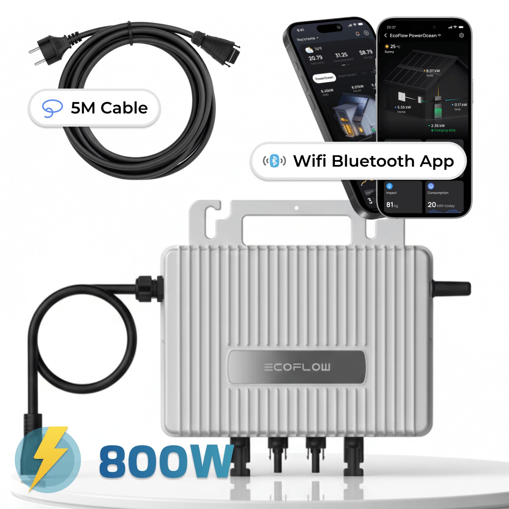 ECOFLOW Mikro-Wechselrichter 800 W EFStreamMI800W für Balkonkraftwerk, IP67 wetterfest, Plug-&-Play Installation, 2 MPPT, Bluetooth & WIFI, inkl. 5 m Anschlusskabel, Micro Inverter | 04255656237003